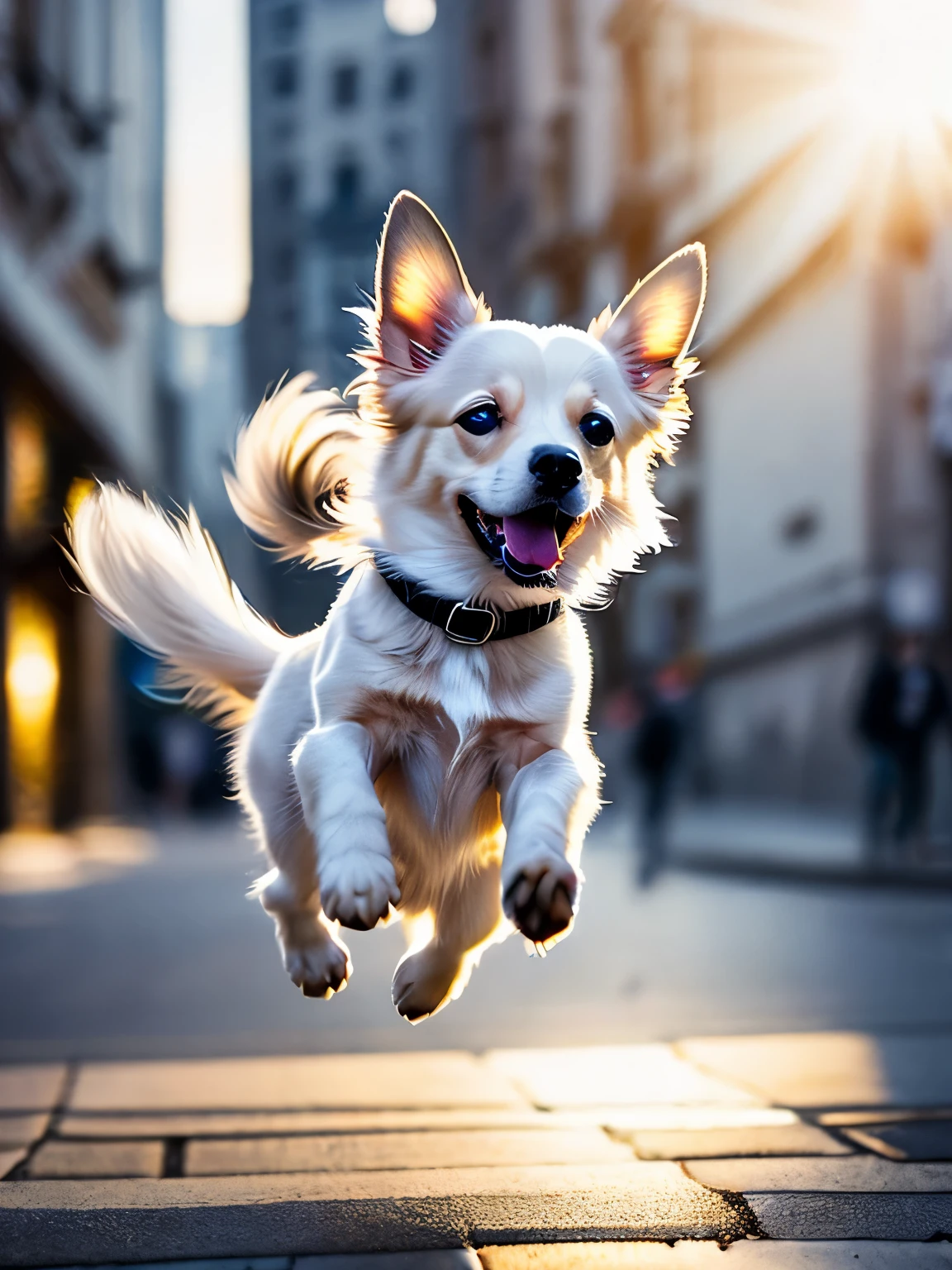 Close-up photo of a very cute jumping puppy on the street, white, soft volume light, (Backlight: 1.3), (movie: 1.2), intricate details, (art station: 1.3), rutkowski