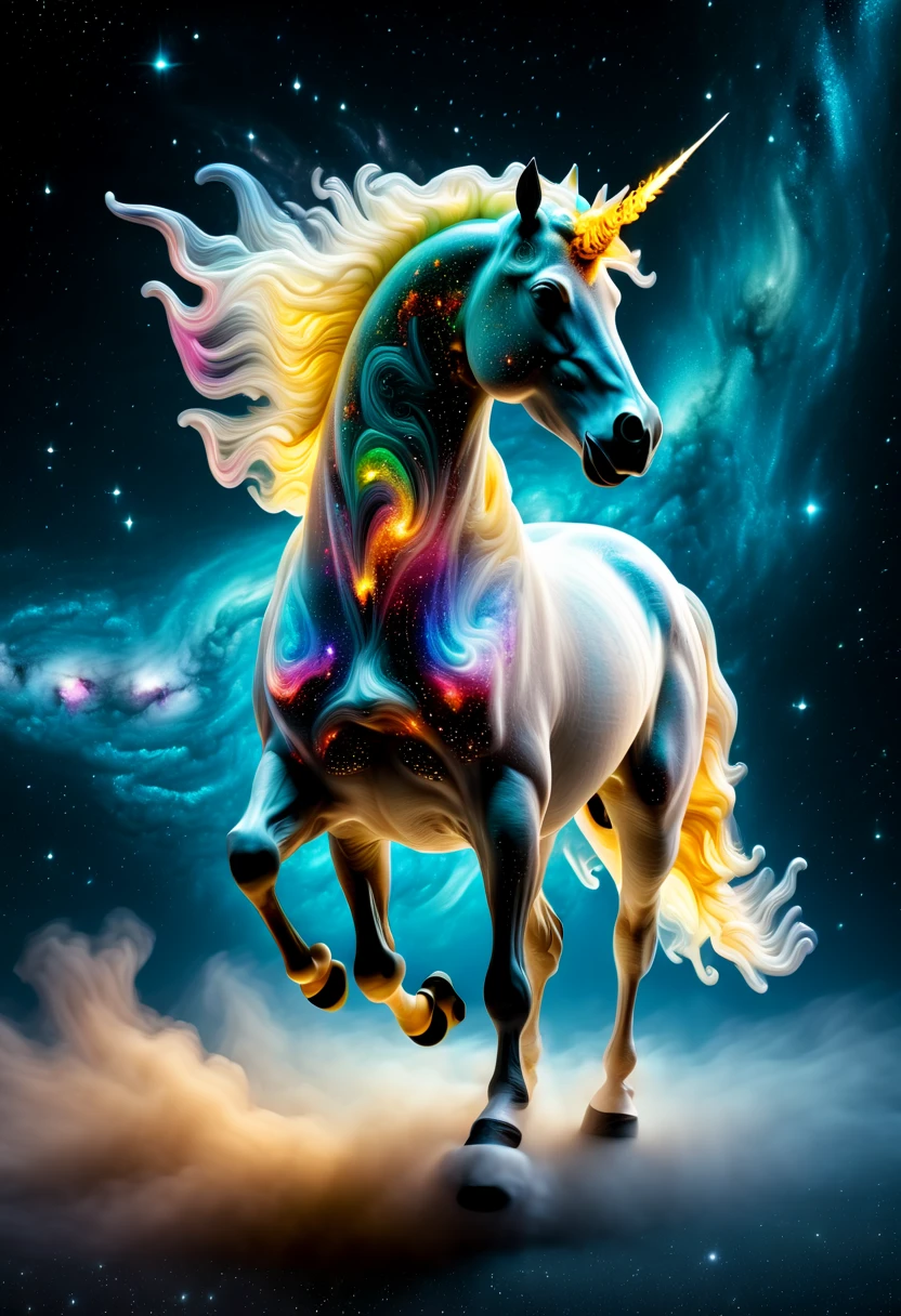 ((A unicorn made of intricate clear glass interstellar nebulae and galaxies runs across the night sky:1.5))，isolated on black background，majestic and dreamy，stunning render，in shining connections，Magical elements，The is amazing，Beautiful dreamy rainbow，Multicast colorful spells，Bright flash，ice sculpture