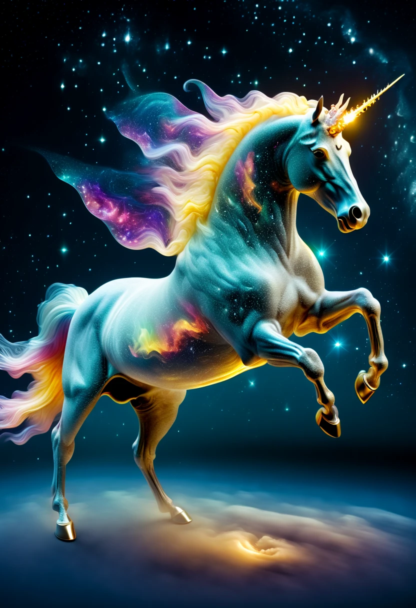 Complex clear crystal interstellar nebula [unicorn] made up of galaxies, flora and fauna, Surreal, Super detailed, elegant, beautiful, 1 tail