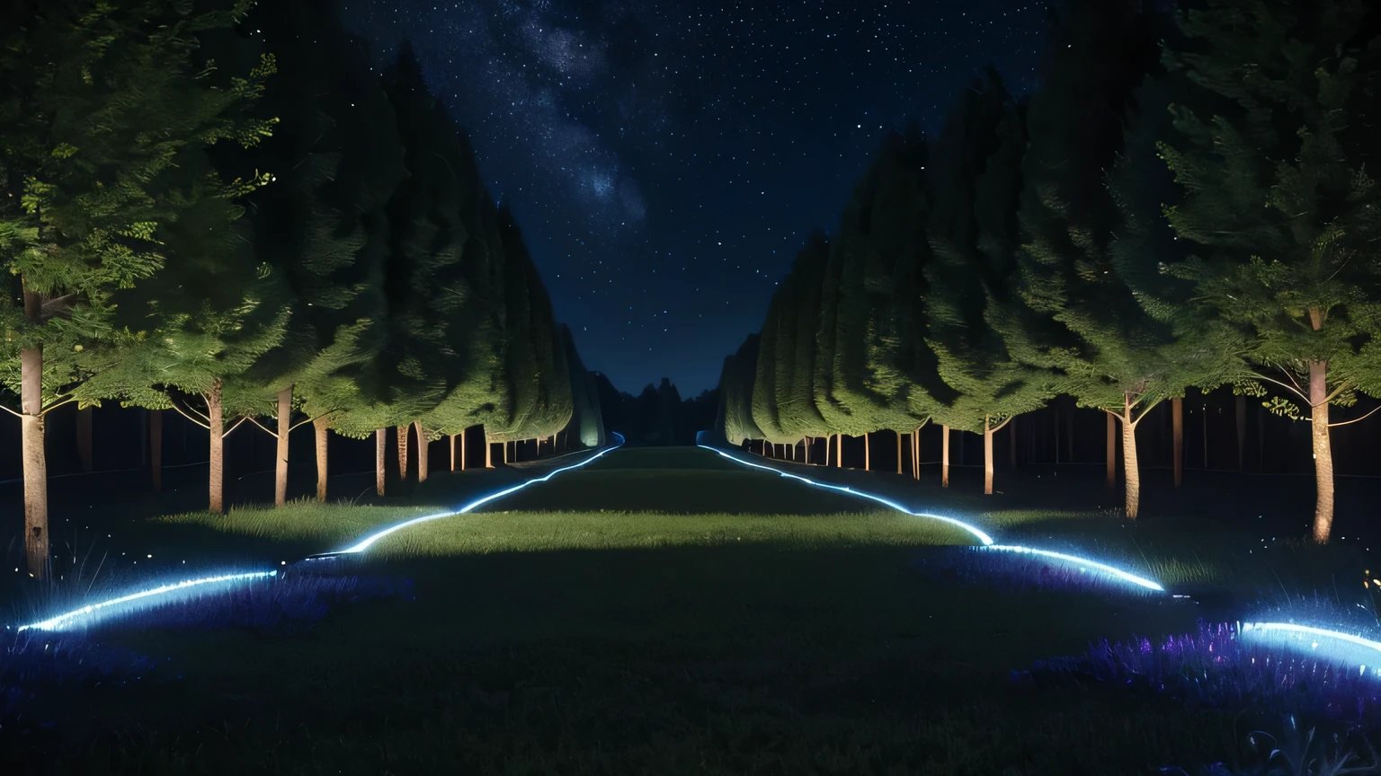 photo realistic, high resolution, 24K resolution, perfect face, best quality ,masterpiece, illustration, an extremely delicate and beautiful, extremely detailed ,CG ,unity ,24k wallpaper, absurdness, huge file size, very wide shot, soft lighting, contre_jour, photo by Fujifilm X-T3, --AR 16:9: Create a photorealistic, ultra-high-resolution image in 24k quality, with an aspect ratio of 16:9, showcasing the Crystal Forests of Vantara. The scene is set during twilight, with bioluminescent plants and trees casting a soft glow on the path ahead. Crystals of varying sizes and colors emerge from the ground, some as tall as the trees, emitting a gentle, pulsating light. A river of liquid light flows through the forest, flanked by flowering bushes that sparkle under the starlit sky.
