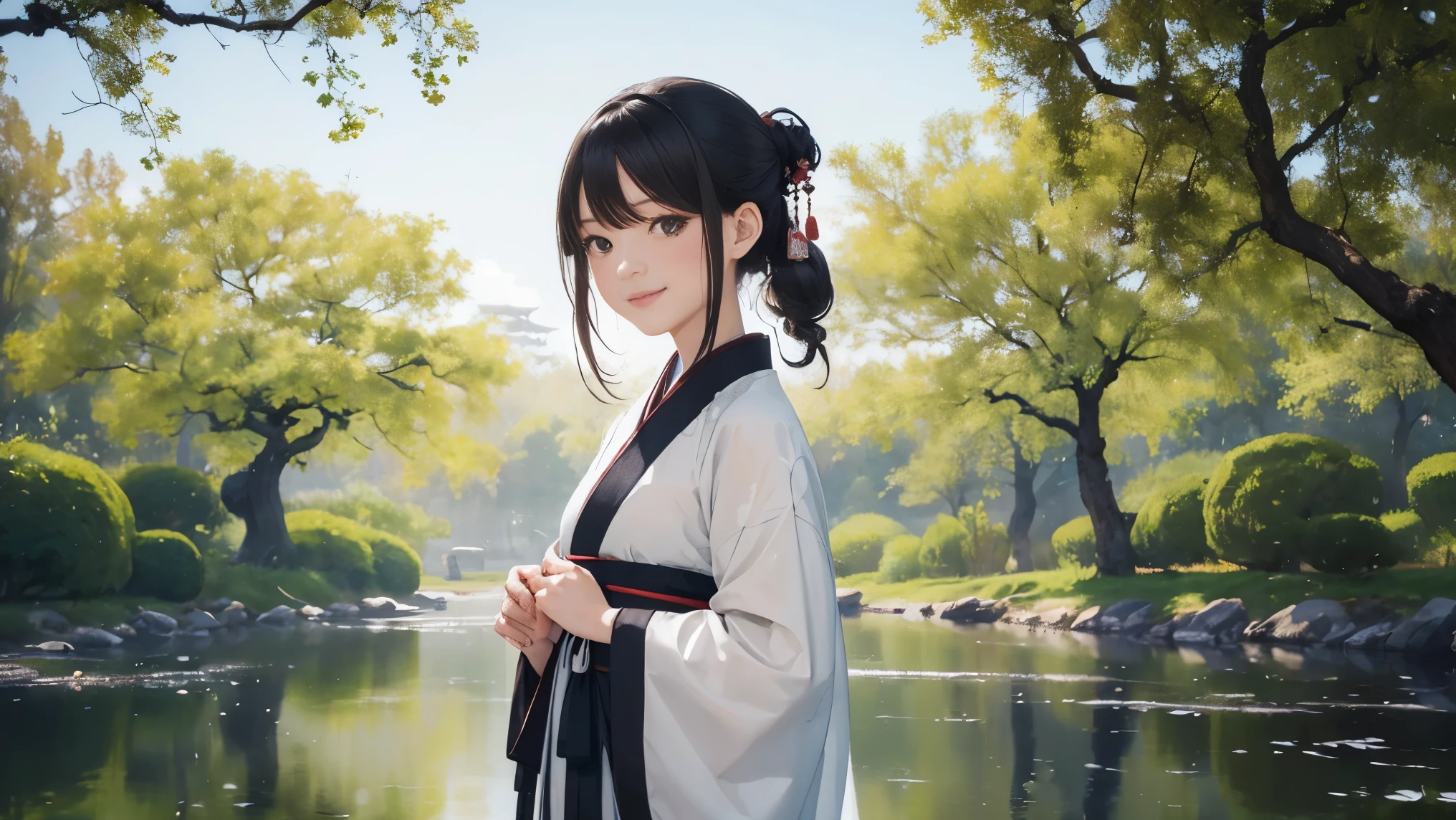 shukezouma, negative space, , shuimobysim , portrait of a woman standing , willow branches, (masterpiece, best quality:1.2), traditional chinese ink painting, modelshoot style, peaceful, (smile), looking at viewer, wearing long hanfu, hanfu, song, willow tree in background, wuchangshuo,