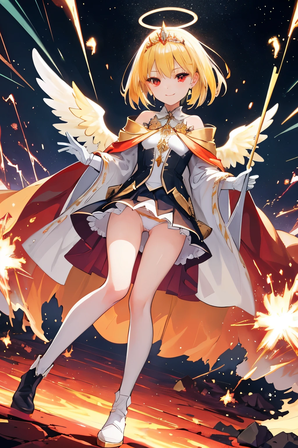(((1girl))), ((best quality)), ((masterpiece)), ((ultra-detailed)), (illustration), (detailed light), (an extremely delicate and beautiful), (beautiful detailed eyes), (sunlight), ((extremely light)), ((extremely clothes)), (((hyper detail))),(((((front lighting))))),(((((front light))))),
((((quite adorable and much more erotic Wizard's robe with a brief skirt and magical tiara)))), (((Finest Ranked Wizard))),
,
((wavy manish short bob)), ((((yellow gold hair)))), (((short hair))),
(((ruby red eyes))), (((tiny adorable angel wings))), (((angel halo))),
(((whole body))), aged 8 to 12, ((((())))),
((condescending expression)), ((mischievous smile with sexual satisfaction)), (((extra adorable))), (((((extra slender shape))))),
(((extremely beautiful detailed face))), (((surrounded by burning sparks of destructive energy))),
(((((bravely attacking enemies by a spell of annihilative supernova))))), (((elegant magic boots))),
(((((Dutch angle))))), (((white gloves))), ((transparent underskirt)), (a little bit exposed platinum gold panties)