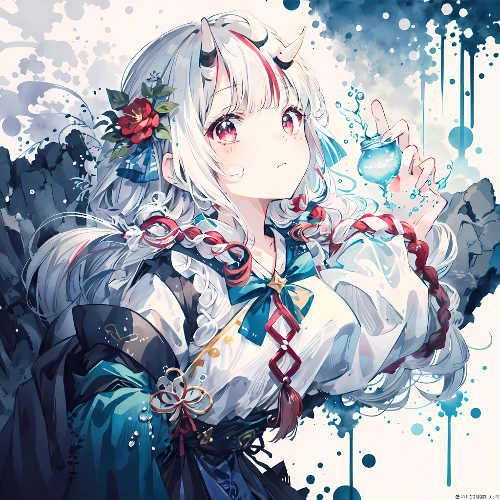 (masterpiece, best quality), intricate details, 8k, art station, wallpaper, official art, splash art, sharp focus,
1 girl, Kiri Ayame, long hair, braid, white hair,
liquid clothes, water, blue dress,