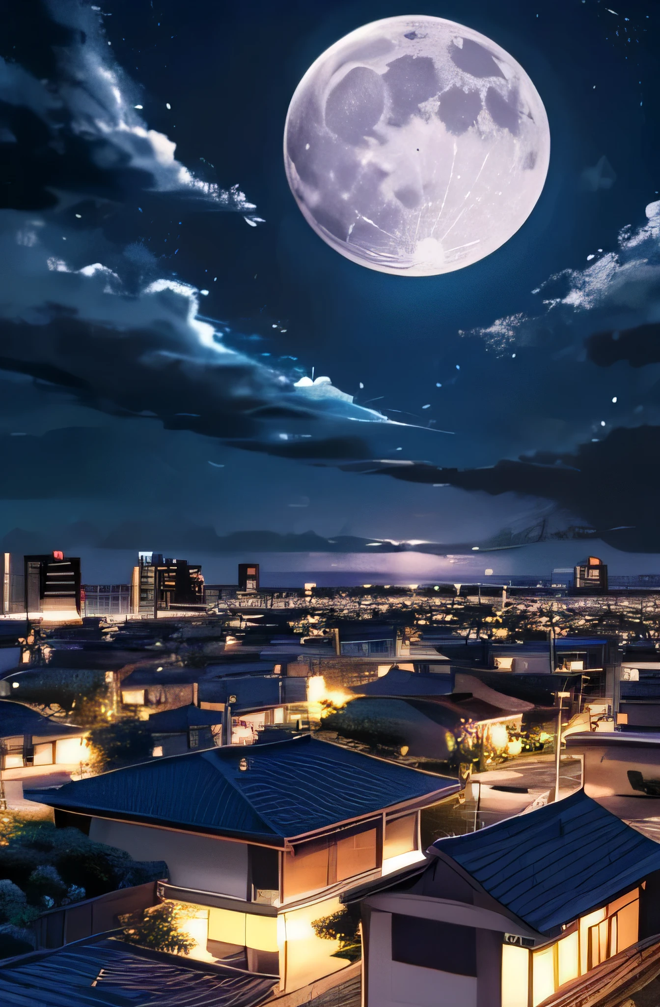 Night scene of rooftops in moonlight, estilo anime, close, telhado de uma casa em primeiro plano