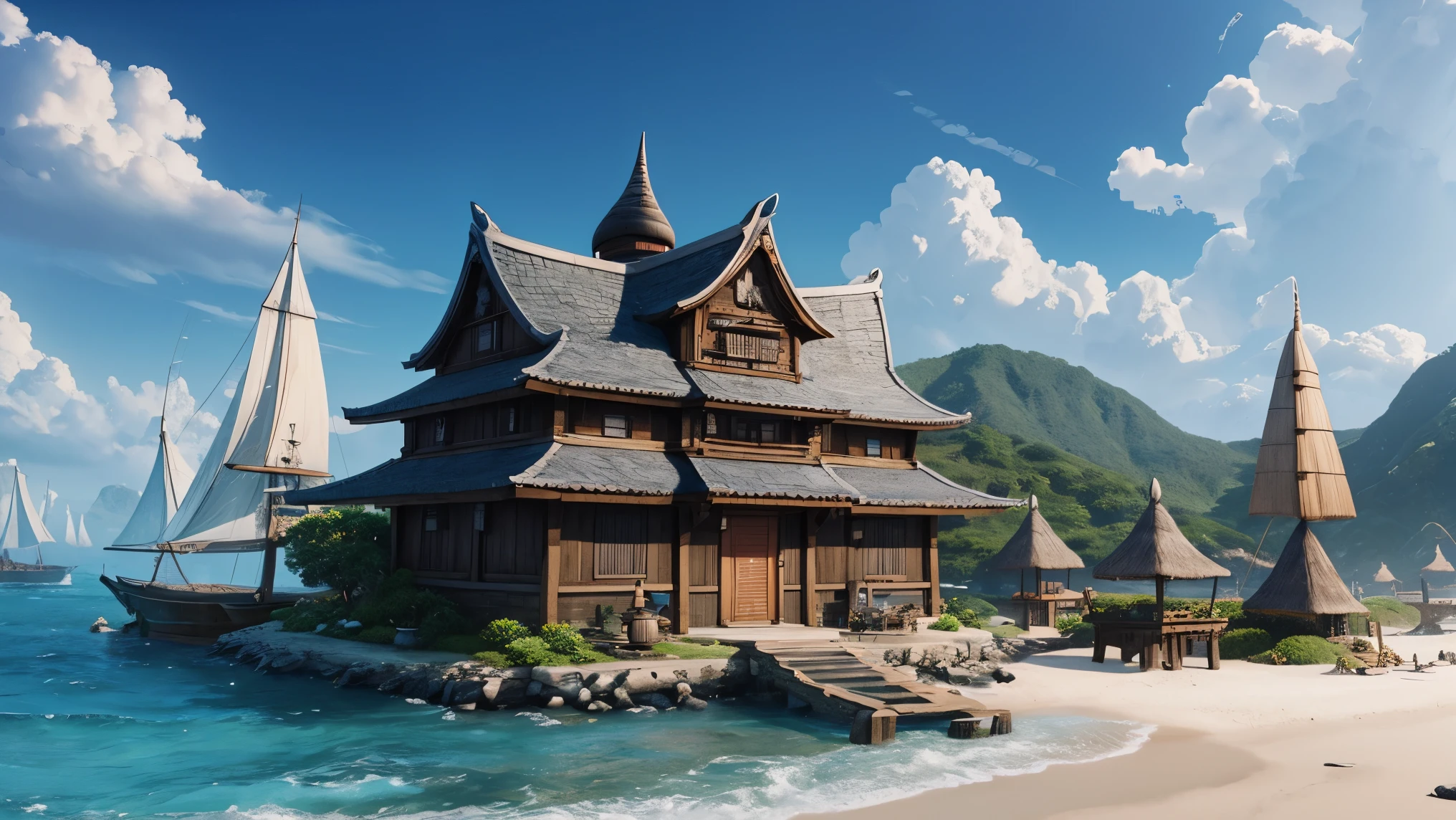 A fantasy inspired painting of a shore village in kawacy style, rendered in cinema4d, bulbous, accurate nautical details, creative character design, whimsical cartoon style, 32k uhd --ar 2:1