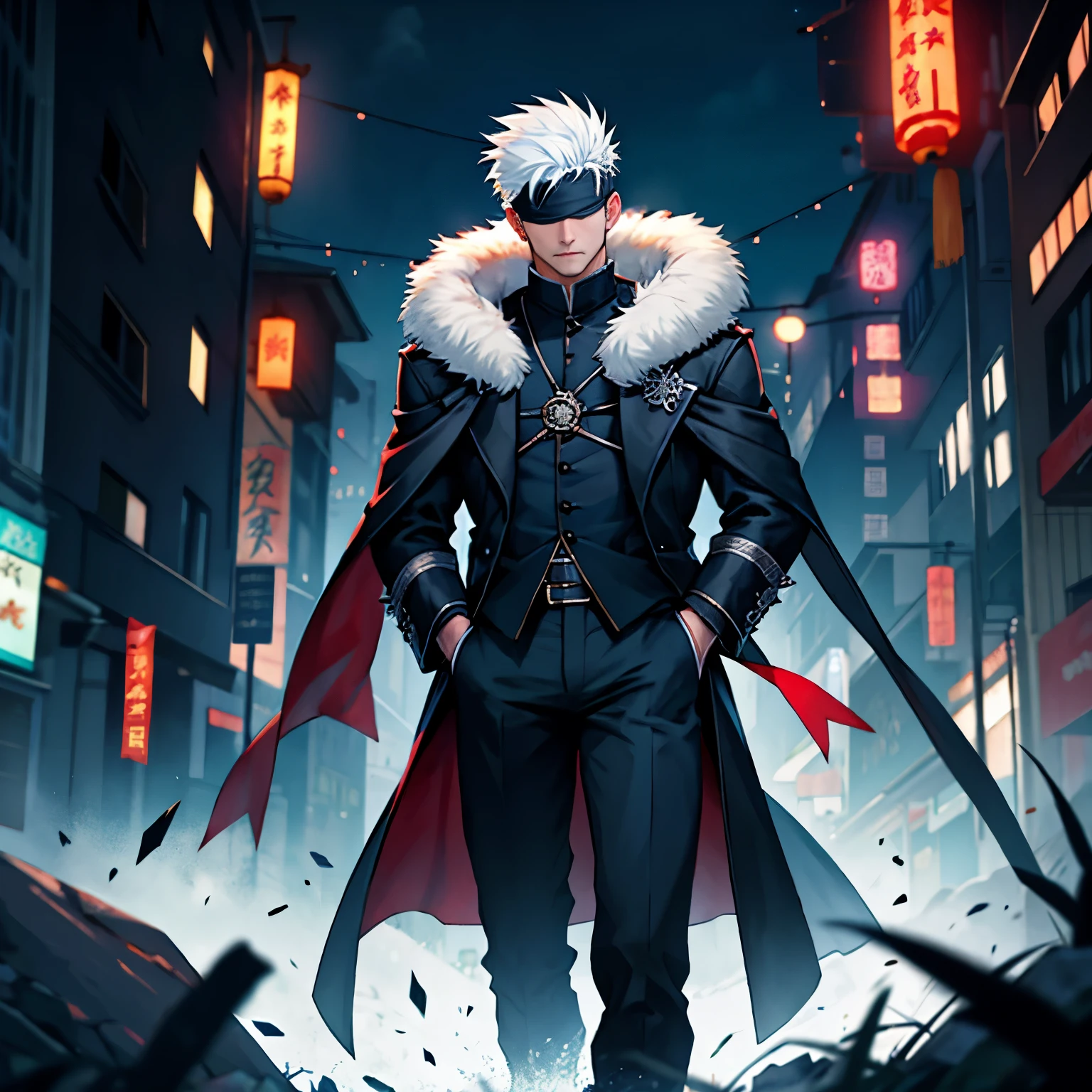 A man,Handsome,spiky White Hair, nightcity,Sateen,Blindfold, Wizard Millitary Chinese coat,Put your hands in your pockets