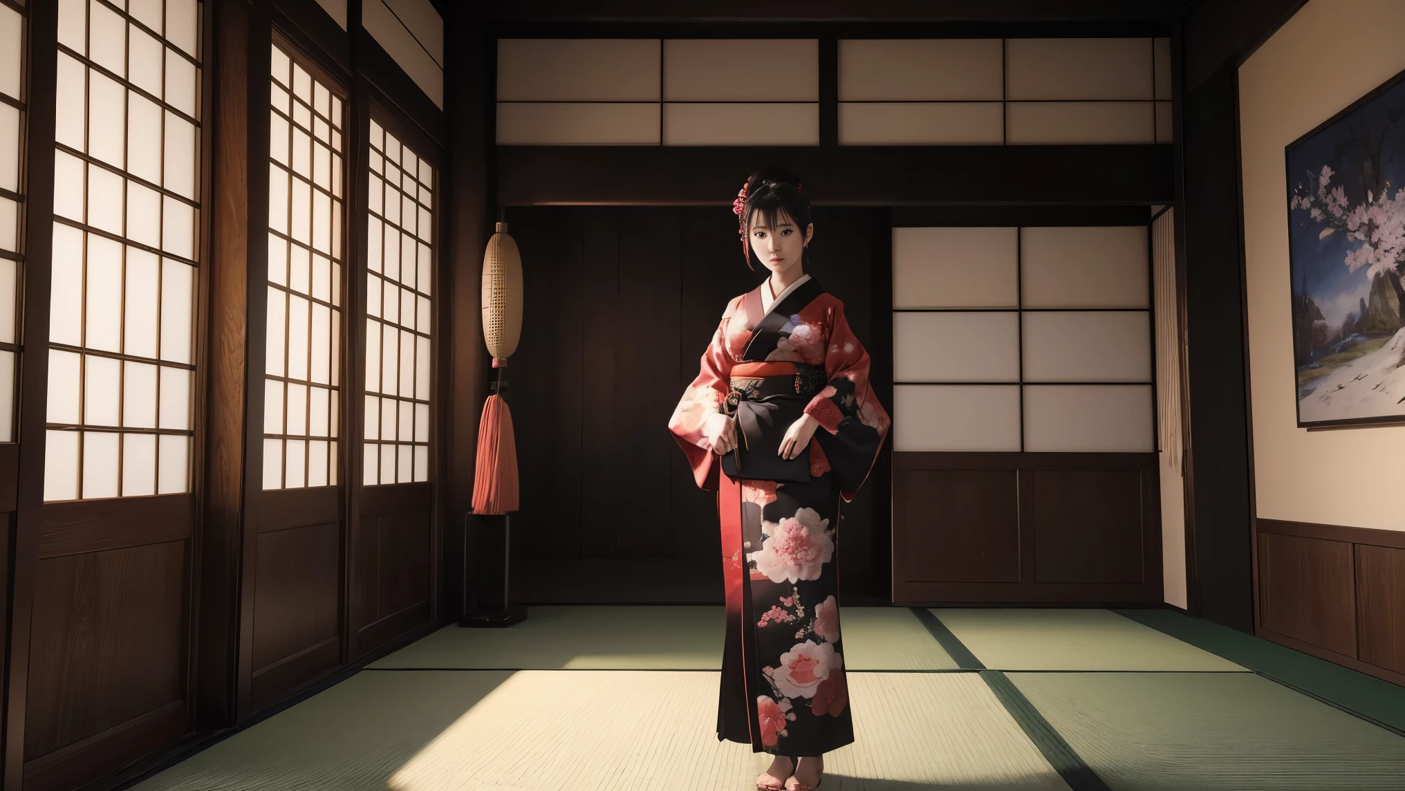 (8K, Best Quality, Masterpiece, Ultra High Definition: 1.2),kimono,Japanese room,hakama,fullbody