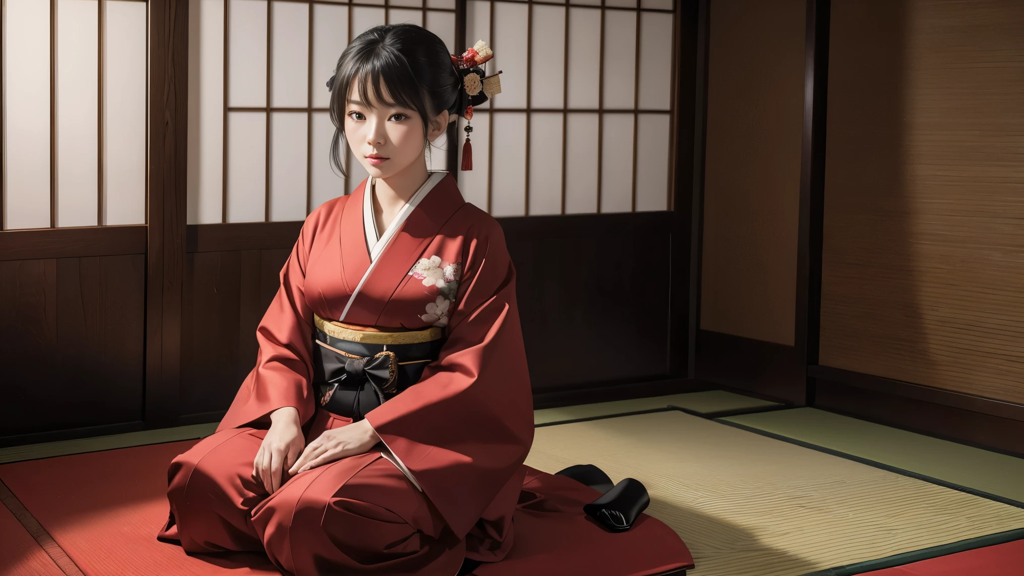 (8K, Best Quality, Masterpiece, Ultra High Definition: 1.2),kimono,Japanese room,hakama,fullbody