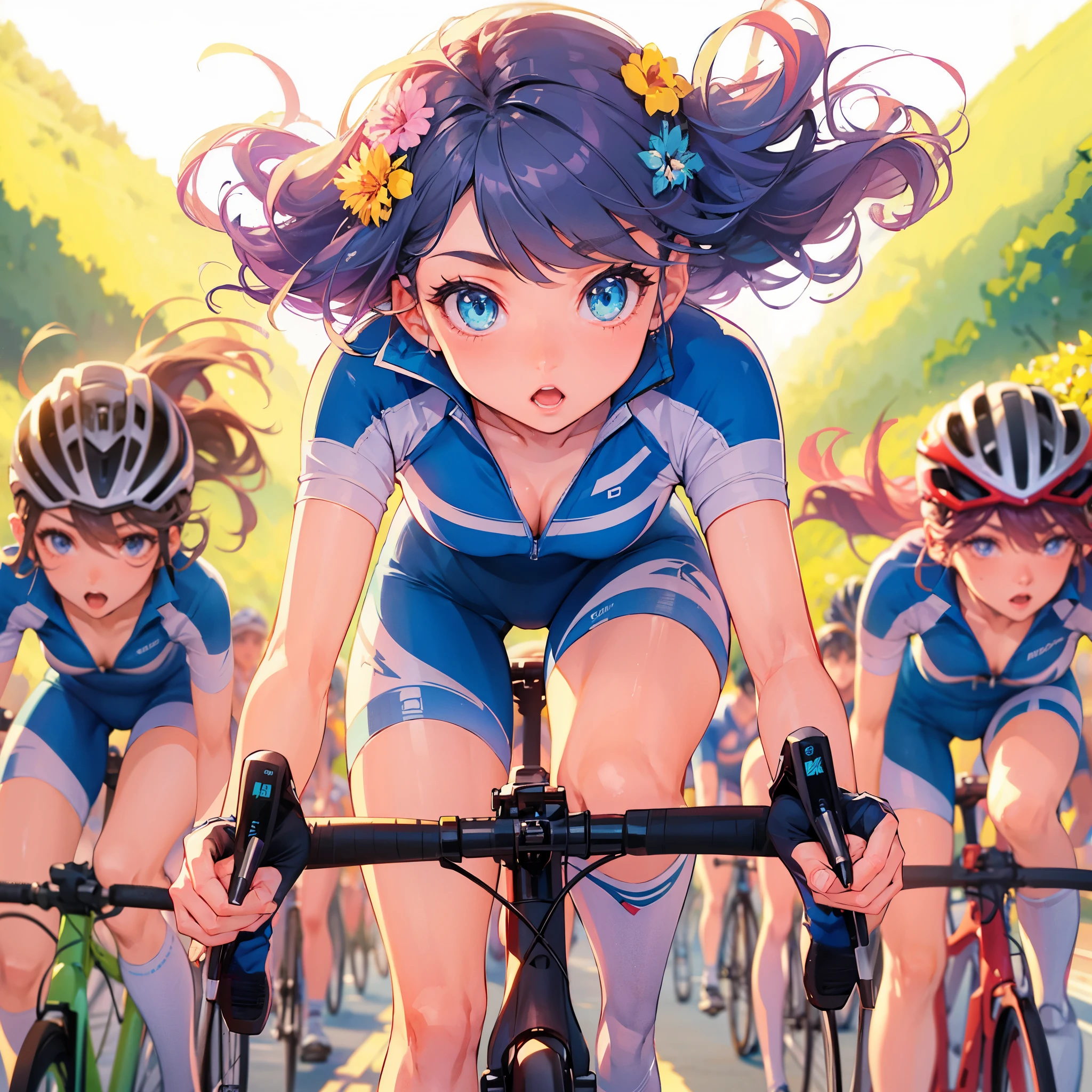 high quality,HD,16k,sharp lines,1 girl,Female cycling Athletes ,cute face, medium breasts, nice legs,At the cycling venue,focus girl,detailed beautiful face,detailed clothes,beautiful eyes,cool,dynamic angle