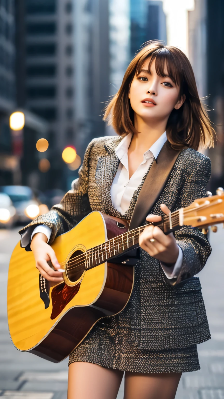 Best quality, 8k, Masterpiece :1.3)),((full body1.2)) ,pretty woman,  ,1girl , play the guitar, black suit , outdoors ,brown hair  , bangs, cityscape ,ultra-detailed face, highly detailed lips, detailed eyes, double eyelid