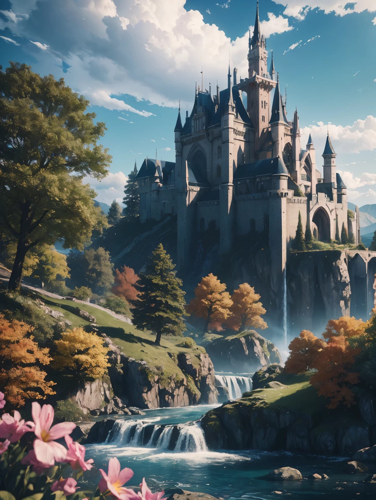 masterpiece, best quality, high quality, extremely detailed CG unit 8k wallpaper, landscape, outdoor, sky, cloud, day, great medieval castle, no humans, mountain, landscape, water, tree, blue sky, waterfall, cliff, nature, lake, river, village, autumn, cloudy sky, multicolored flowers, award-winning photography, Bokeh, depth of field, HDR, bloom, chromatic aberration, photorealistic, extremely detailed, trend on artstation, trend on CGsociety, Complex, High Detail, dramatic, art by midjourney