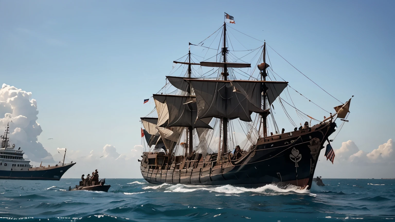 ancient ship of chola dynasty in the middle of ocean, two elephants are inside the ship, people are standing in war positions