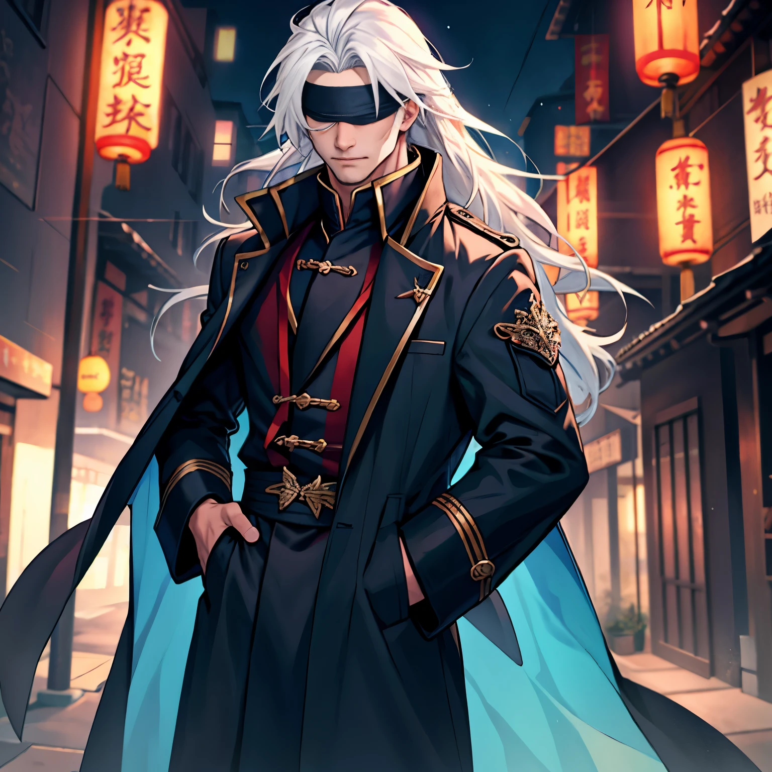 A man,Handsome,Long White Hair, nightcity,Sateen,Blindfold, Wizard Millitary Chinese coat,Put your hands in your pockets