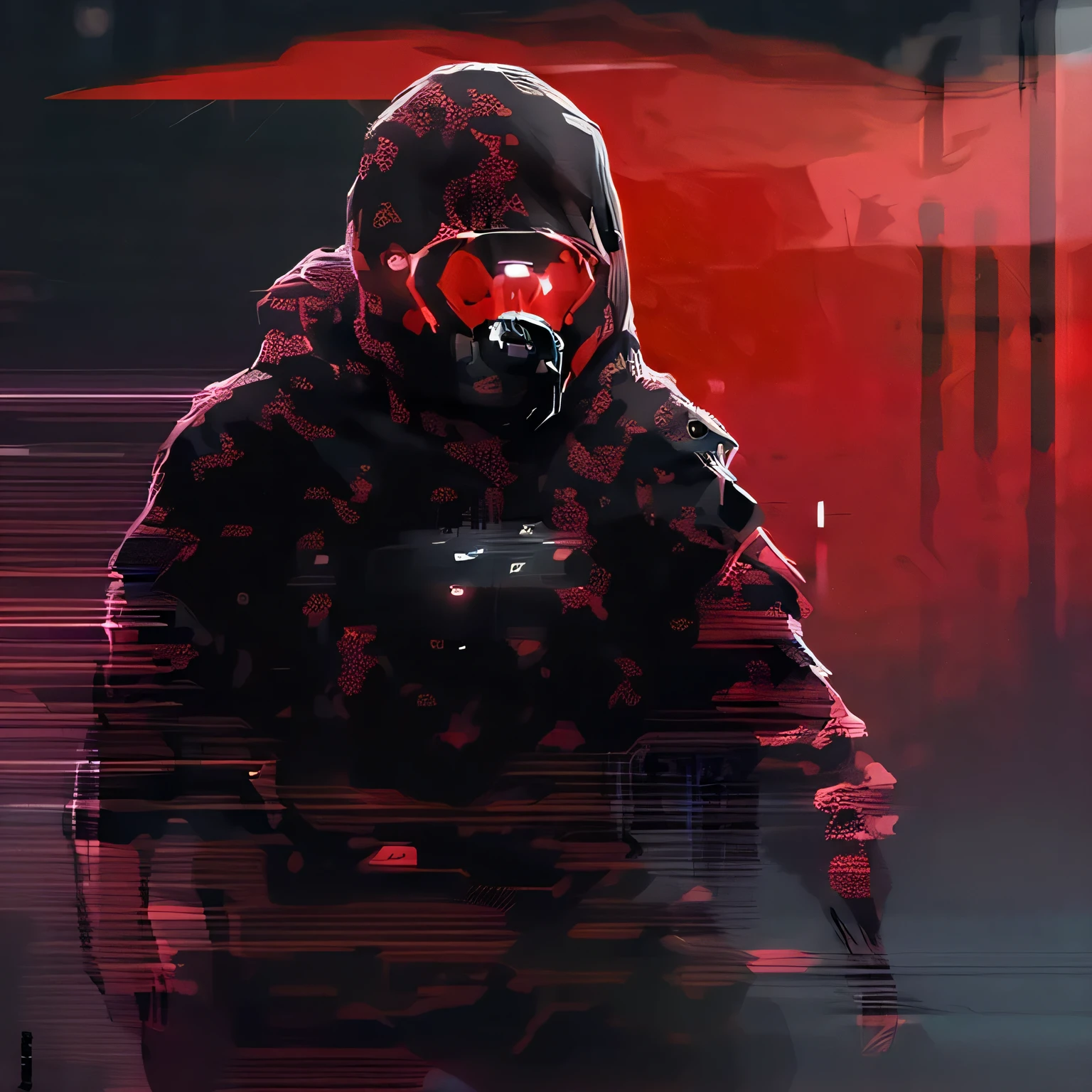 Style NéonNinja, un gros plan d'une personne portant une cagoule rouge il y a une grosse balle au milieu d'Une pièce, un gros plan d'un appareil électronique sur une table