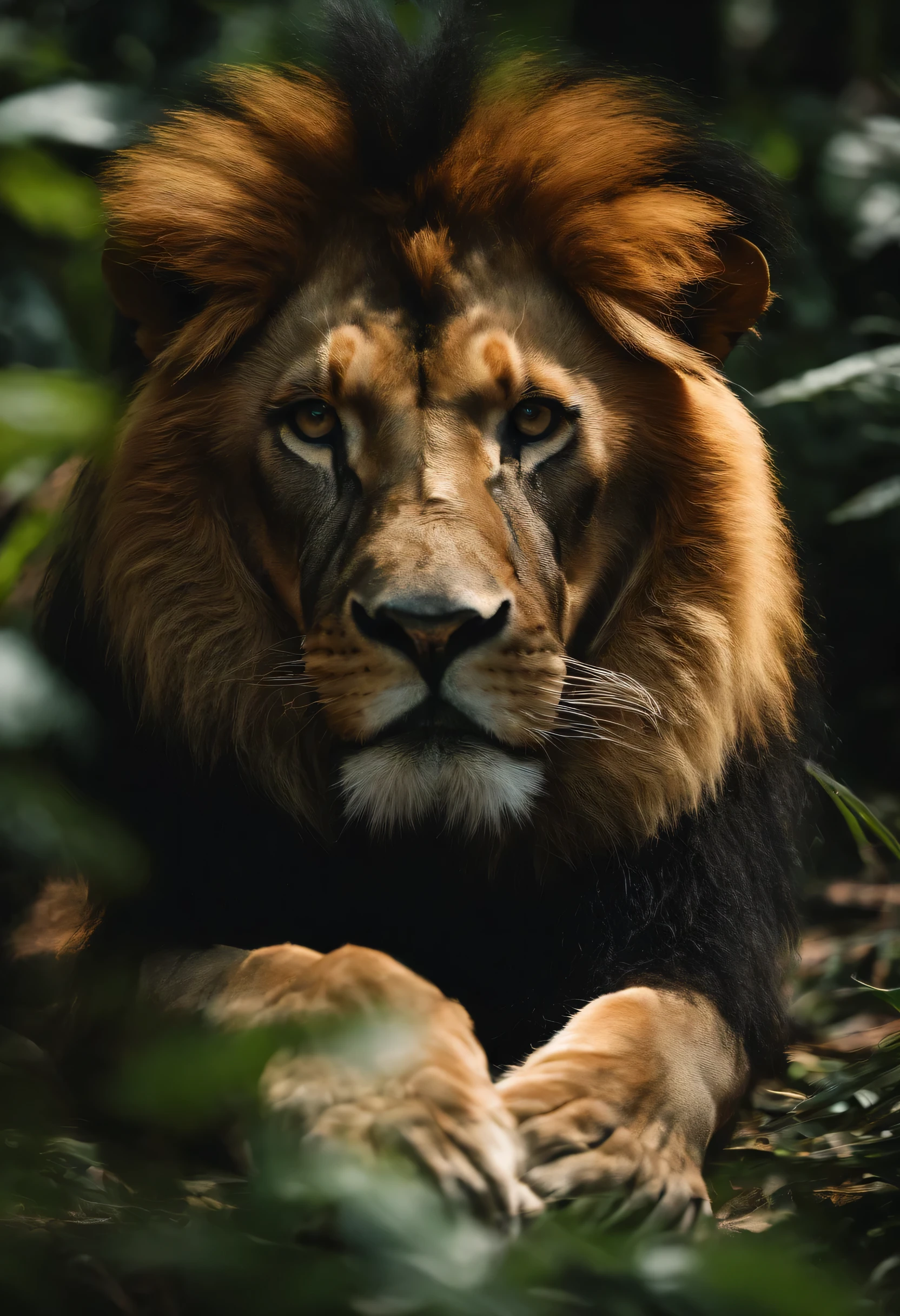 High nation-geographic symmetrical close-up portrait shoot inblack lion, anamorphic lens, ultra-realistic, hyper-detailed, green-core, jungle-core –ar 16:9 –q 2 –v 5