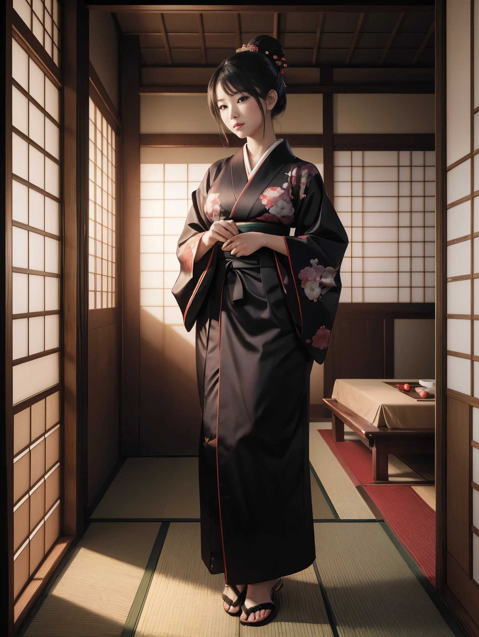 (8K, Best Quality, Masterpiece, Ultra High Definition: 1.2),kimono,Japanese room,hakama,fullbody