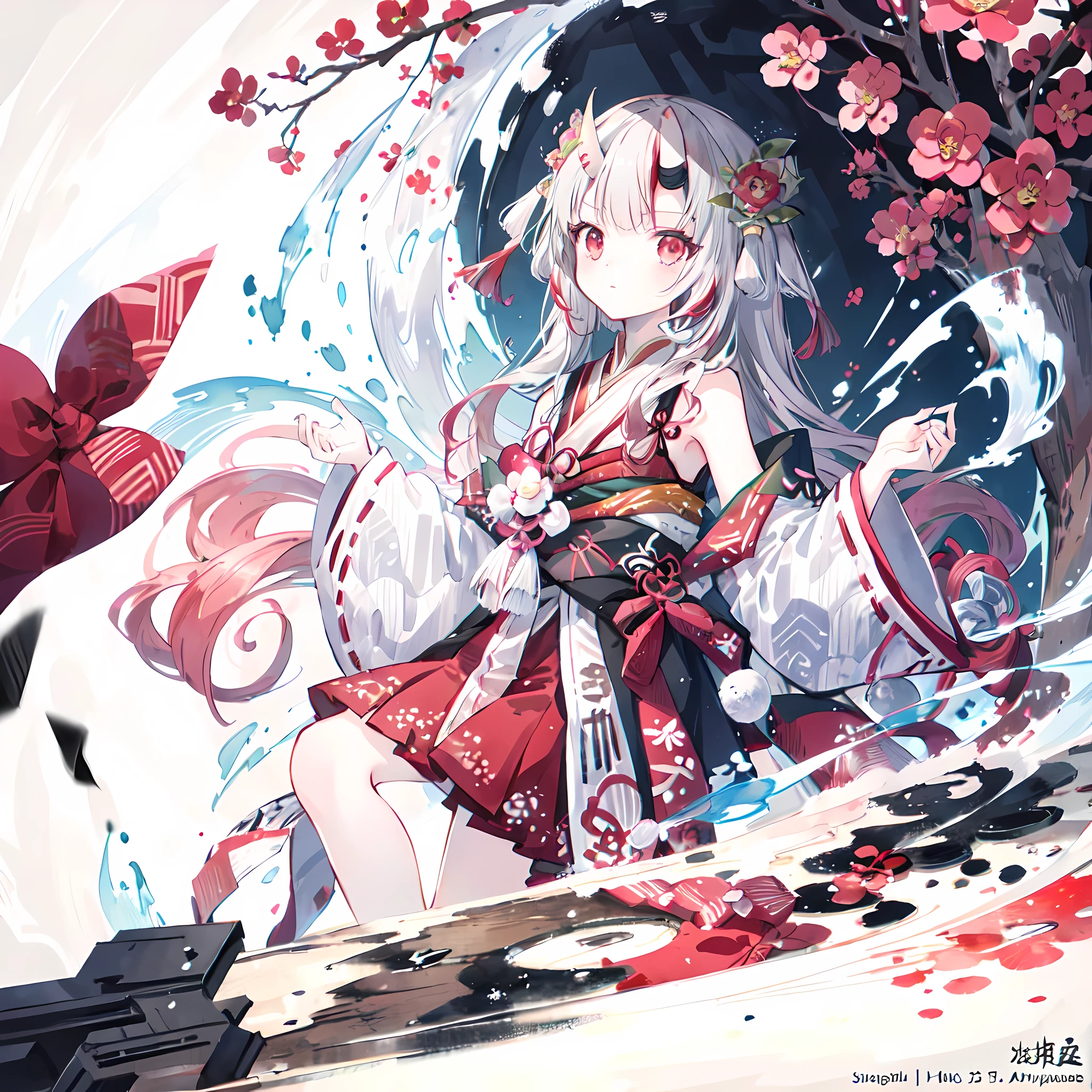 1girl, long hair, white hair, red eyes. ponytail, wearing a shrine maiden outfit, white and red color, dominant white, sitting down in front of a big Sakura tree, in front of a japanese shrine, holding a giant red scythe with a lot of textures, surrounded by cute and small blue and purple skulls, character is on the right side facing 45 degrees to the left, dark color,