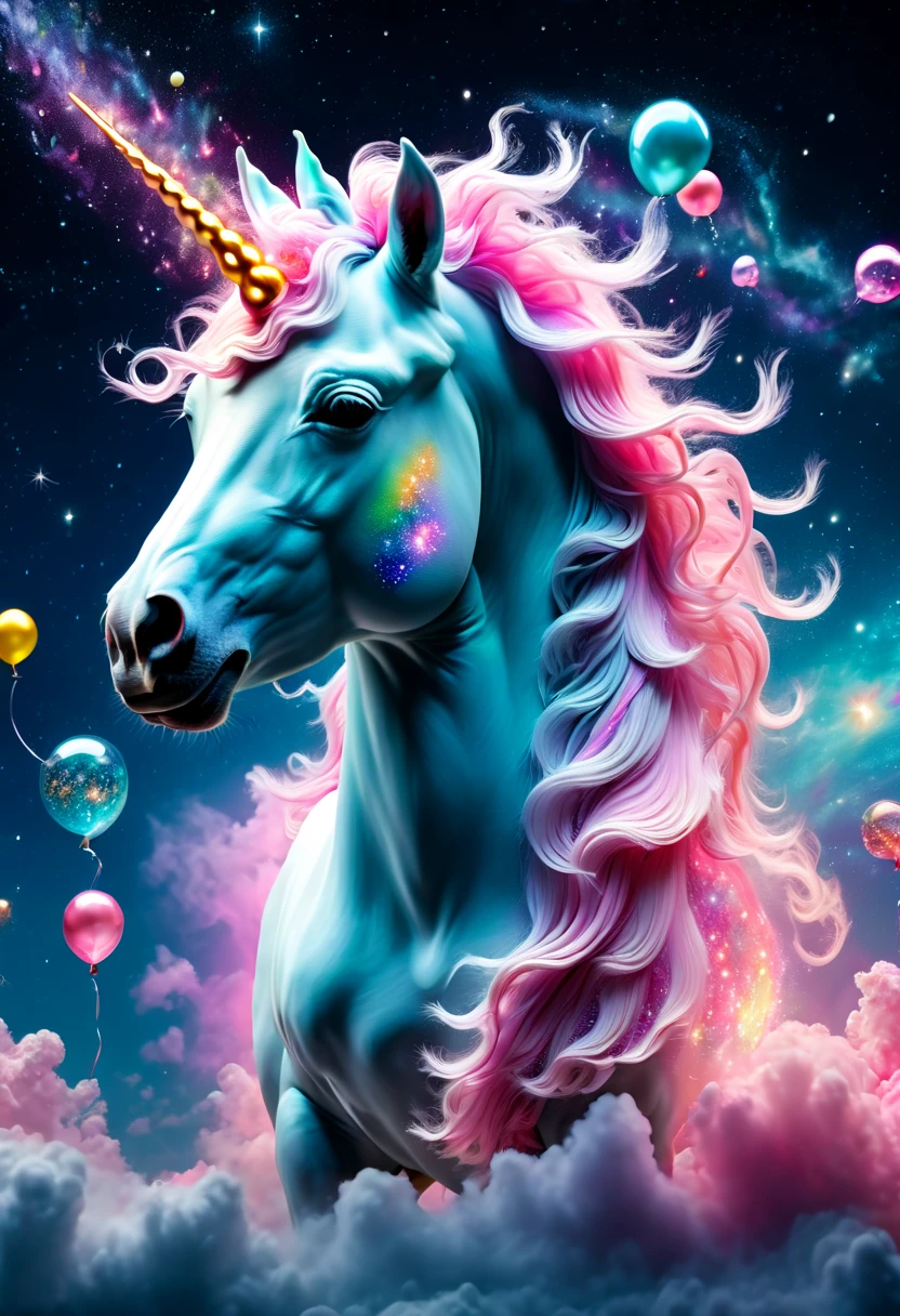 Complex clear crystal interstellar nebula [unicorn] made up of galaxies, flora and fauna, Surreal, Super detailed, elegant, beautiful, 1 tail
