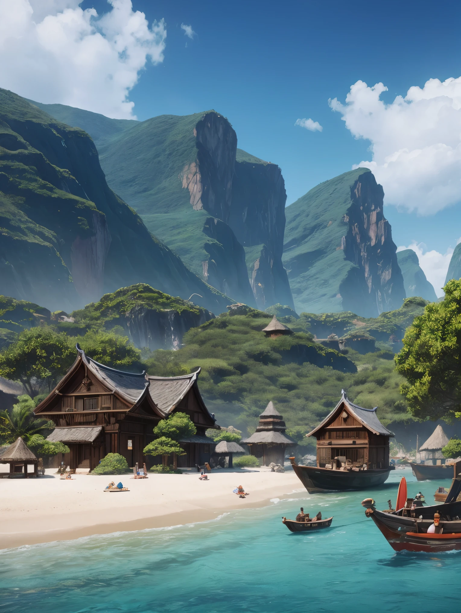 A fantasy inspired painting of a shore village in kawacy style, rendered in cinema4d, bulbous, accurate nautical details, creative character design, whimsical cartoon style, 32k uhd --ar 2:1