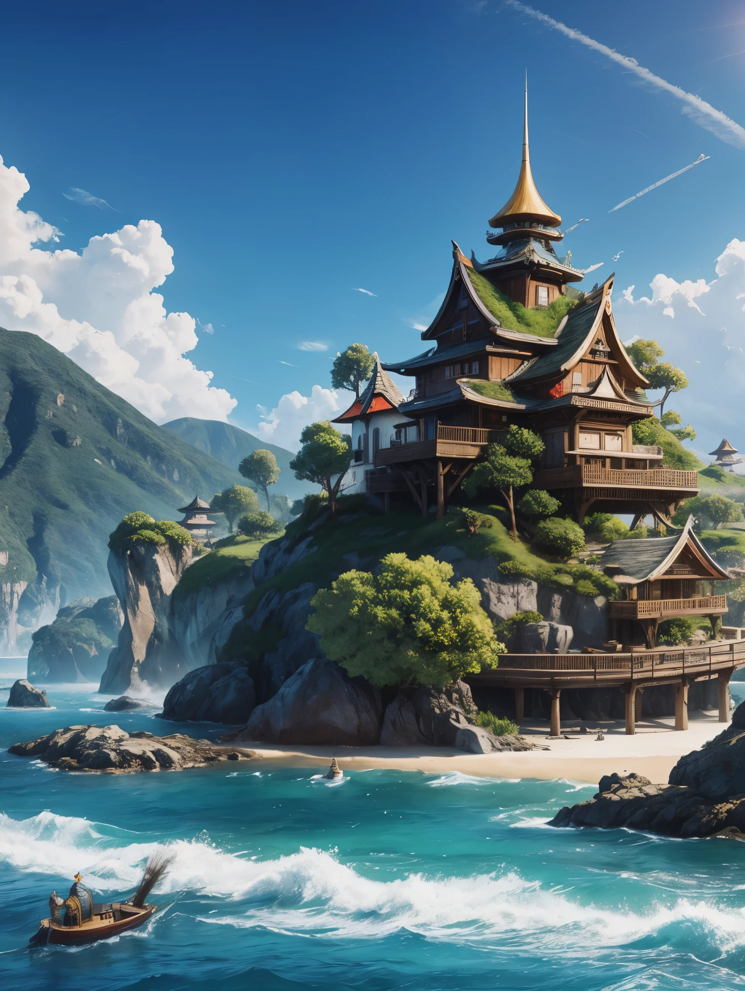 A fantasy inspired painting of a shore village in kawacy style, rendered in cinema4d, bulbous, accurate nautical details, creative character design, whimsical cartoon style, 32k uhd --ar 2:1