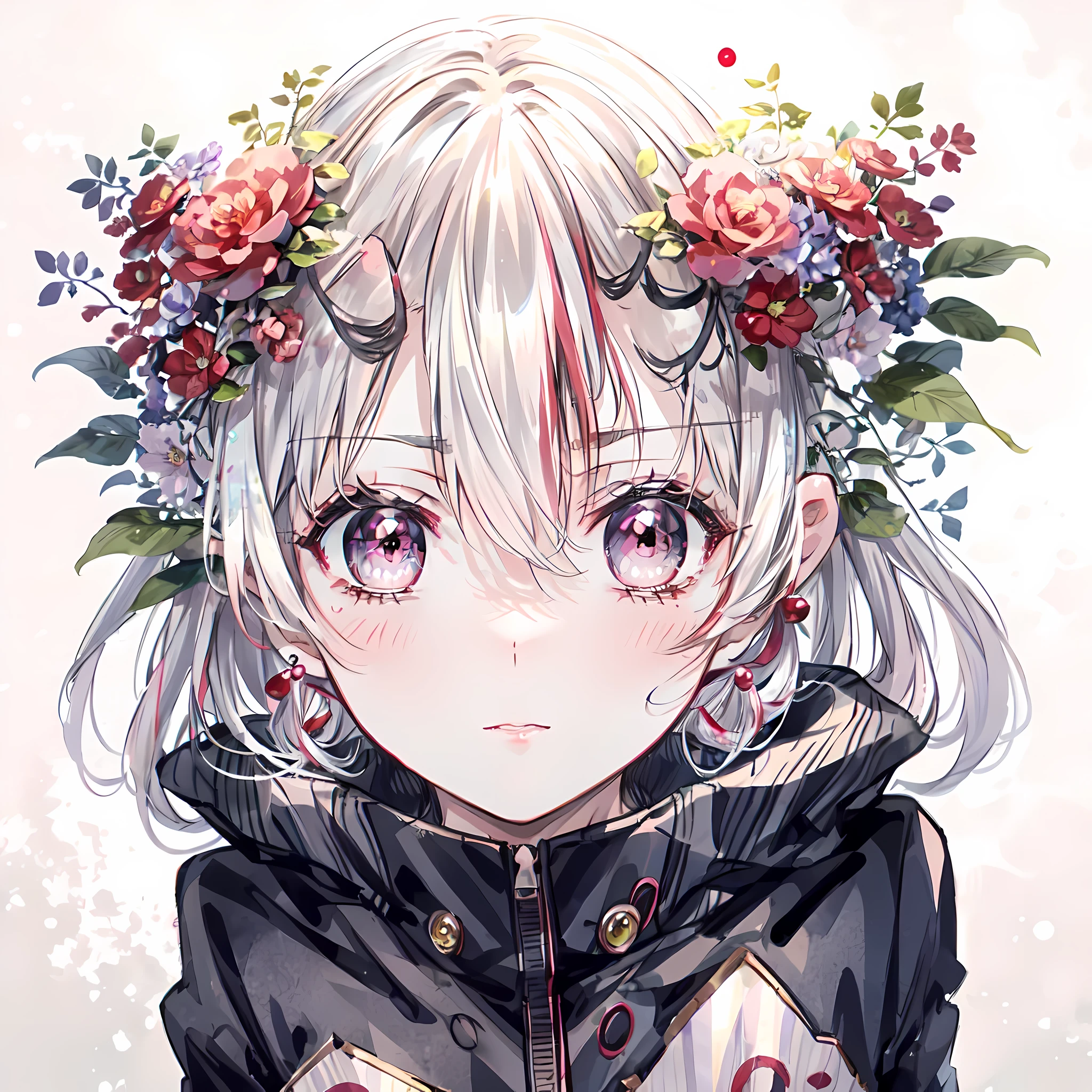  Kiri Ayame,1 girl, hair flower, There are moles under the eyes, constricted pupil, rhomboid pupil, pink white eyes, long and pointed ears, crystal earrings, light blush, Cheerful, red lips, reflector，Wronged，gentle eyes expression，soft，The way you want to speak and stop，Face shadows，delicate eyes，red pupils, in container,static pressure tank,