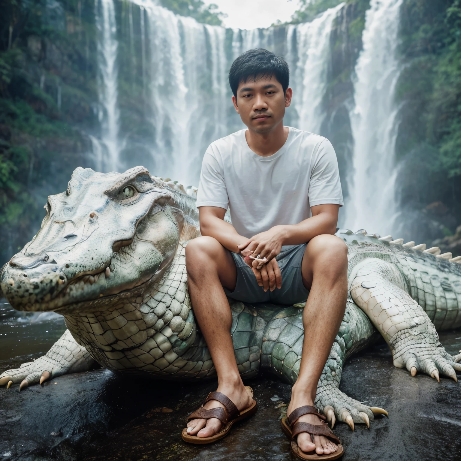 there is a man sitting on a large alligator statue in front of a waterfall, inspired by Abidin Dino, crocodile loki, with a waterfalls, with waterfalls, inspired by Rudy Siswanto, darren quach, by Abidin Dino, david luong, shot on nikon z9, profile picture 1024px, ruan jian
