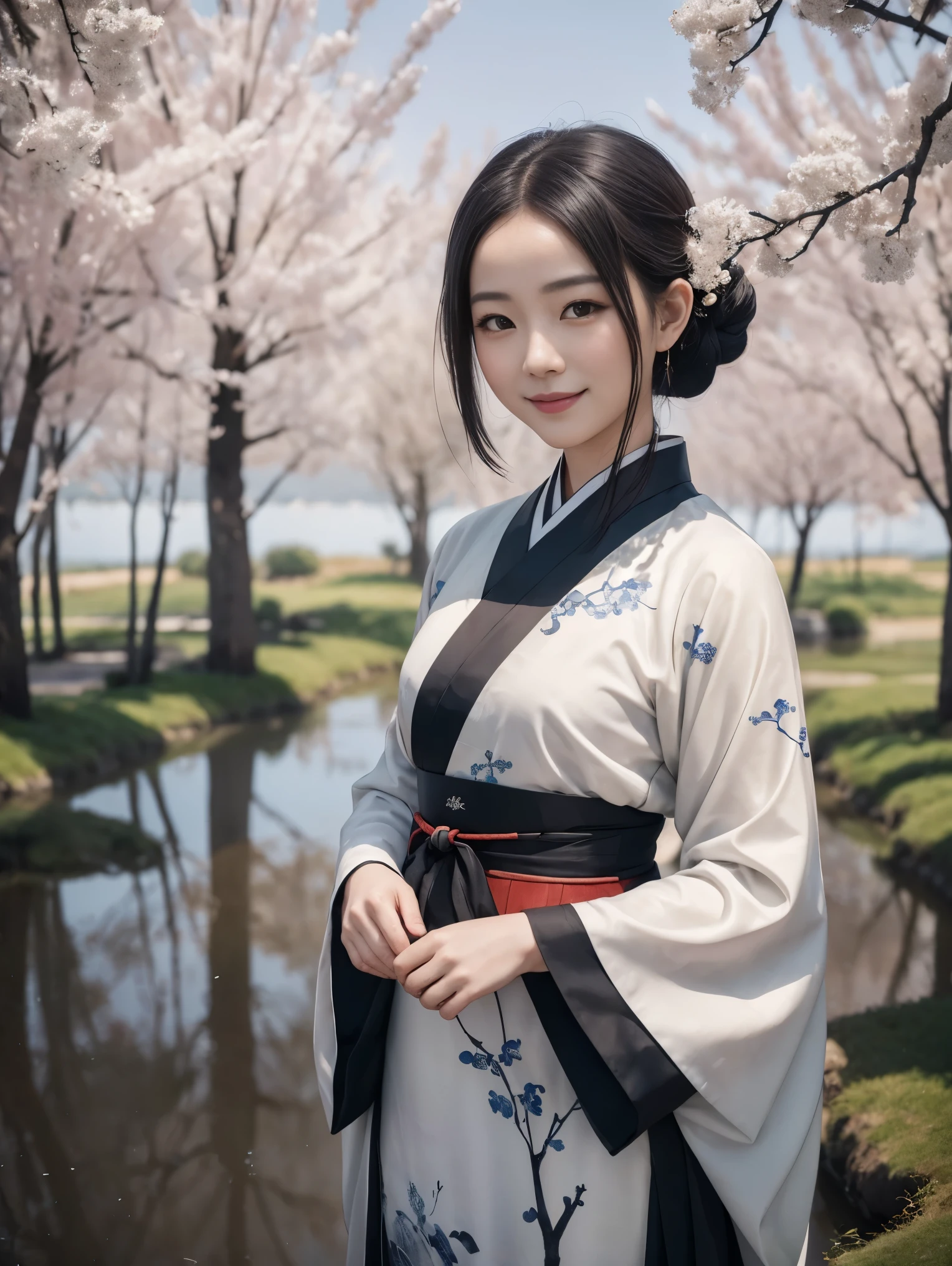 shukezouma, negative space, , shuimobysim , portrait of a woman standing , willow branches, (masterpiece, best quality:1.2), traditional chinese ink painting, modelshoot style, peaceful, (smile), looking at viewer, wearing long hanfu, hanfu, song, willow tree in background, wuchangshuo,