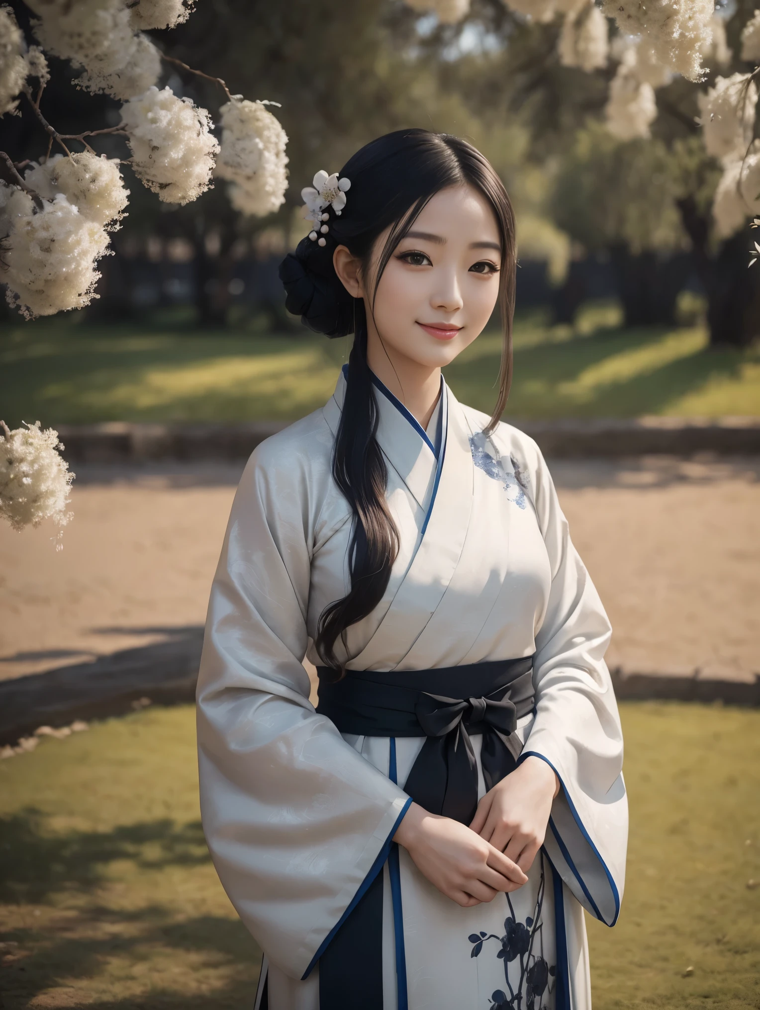 shukezouma, negative space, , shuimobysim , portrait of a woman standing , willow branches, (masterpiece, best quality:1.2), traditional chinese ink painting, modelshoot style, peaceful, (smile), looking at viewer, wearing long hanfu, hanfu, song, willow tree in background, wuchangshuo,