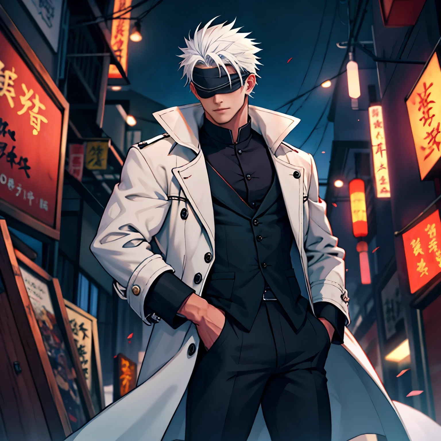 A man,Handsome,spiky White Hair, nightcity,Sateen,Blindfold, Wizard Millitary Chinese coat,Put your hands in your pockets
