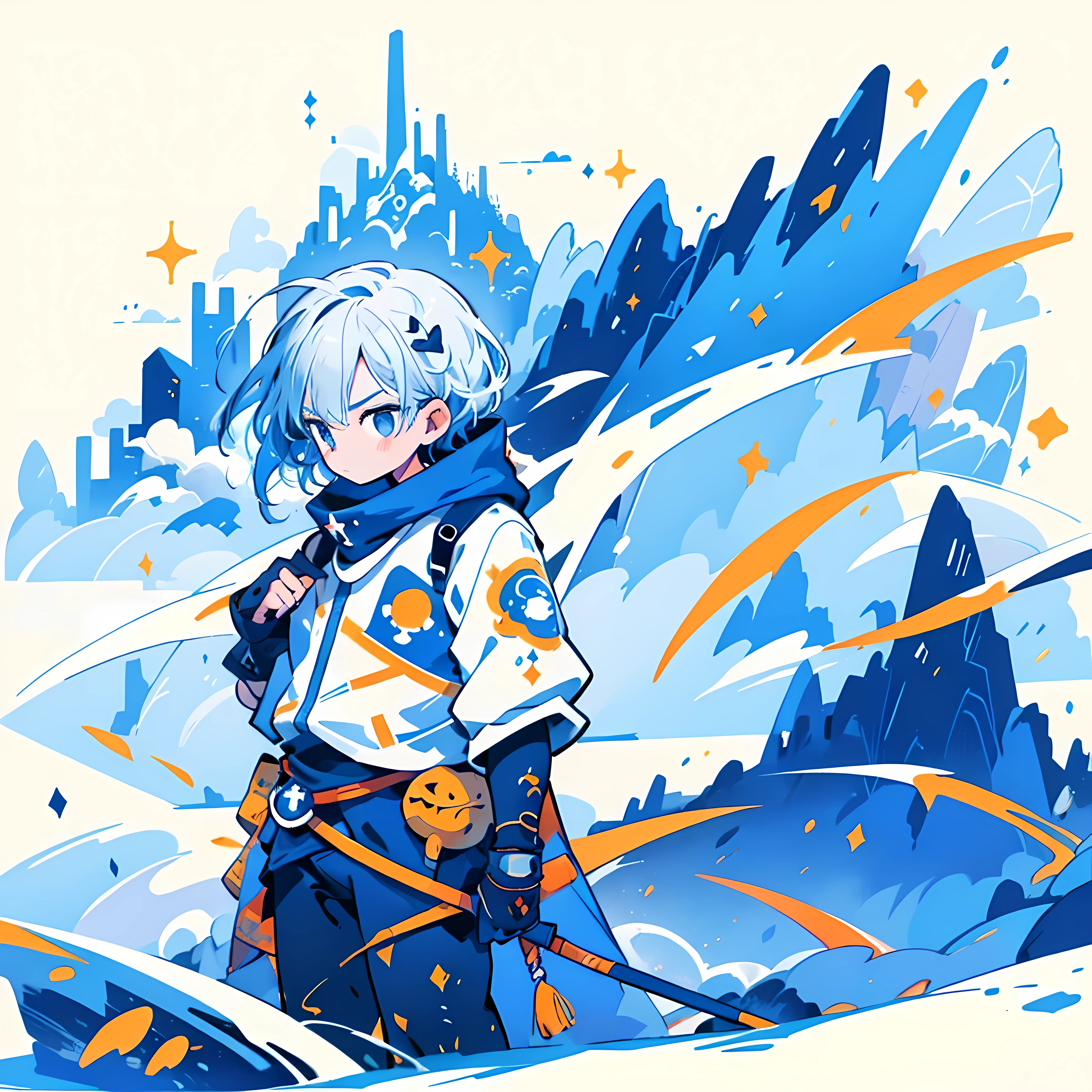 Un jeune ninja dans la montagne. Il a un sabre. Il a une tenue blanche. The temple is colorful. Le soleil se couche. Ambiance anime et manga. Inspirer de One Piece. ninja. mignon. montagne. village. fantaisie. Il a les yeux bleus et les cheveux bleus. His face is detailed. un seul personnage. high quality. neige. lutte. Landscape'back.