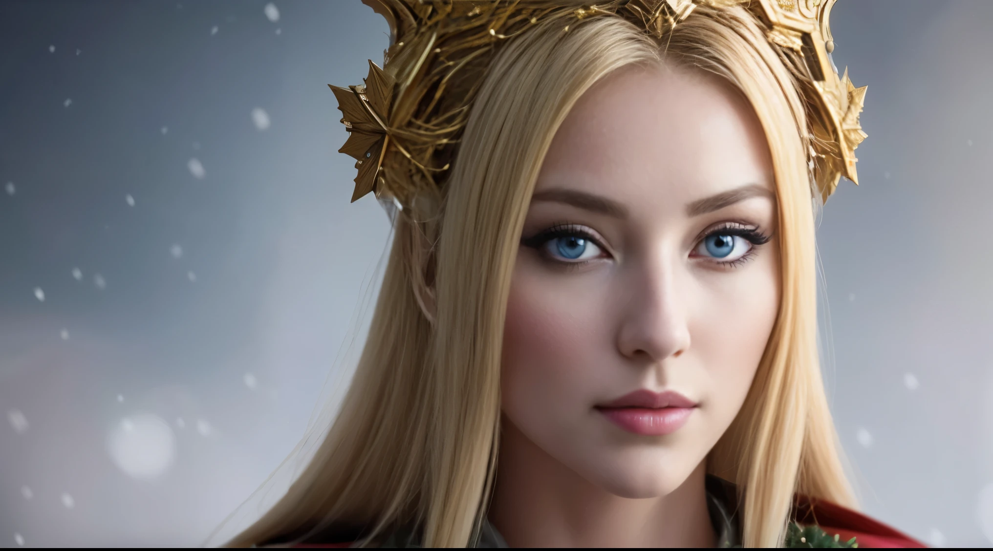 a beautiful empress portrait, blonde hair, perfect blue eyes, with a brilliant, impossible striking big Christmas headpiece, clothes Santa robes, everything Christmas, snow, symmetrical, dramatic studio lighting, rococo, baroque, greens, asian, hyperrealism, closeup, D&D, fantasy, intricate, elegant, highly detailed, digital painting, artstation, octane render, 8k, concept art, matte, sharp focus