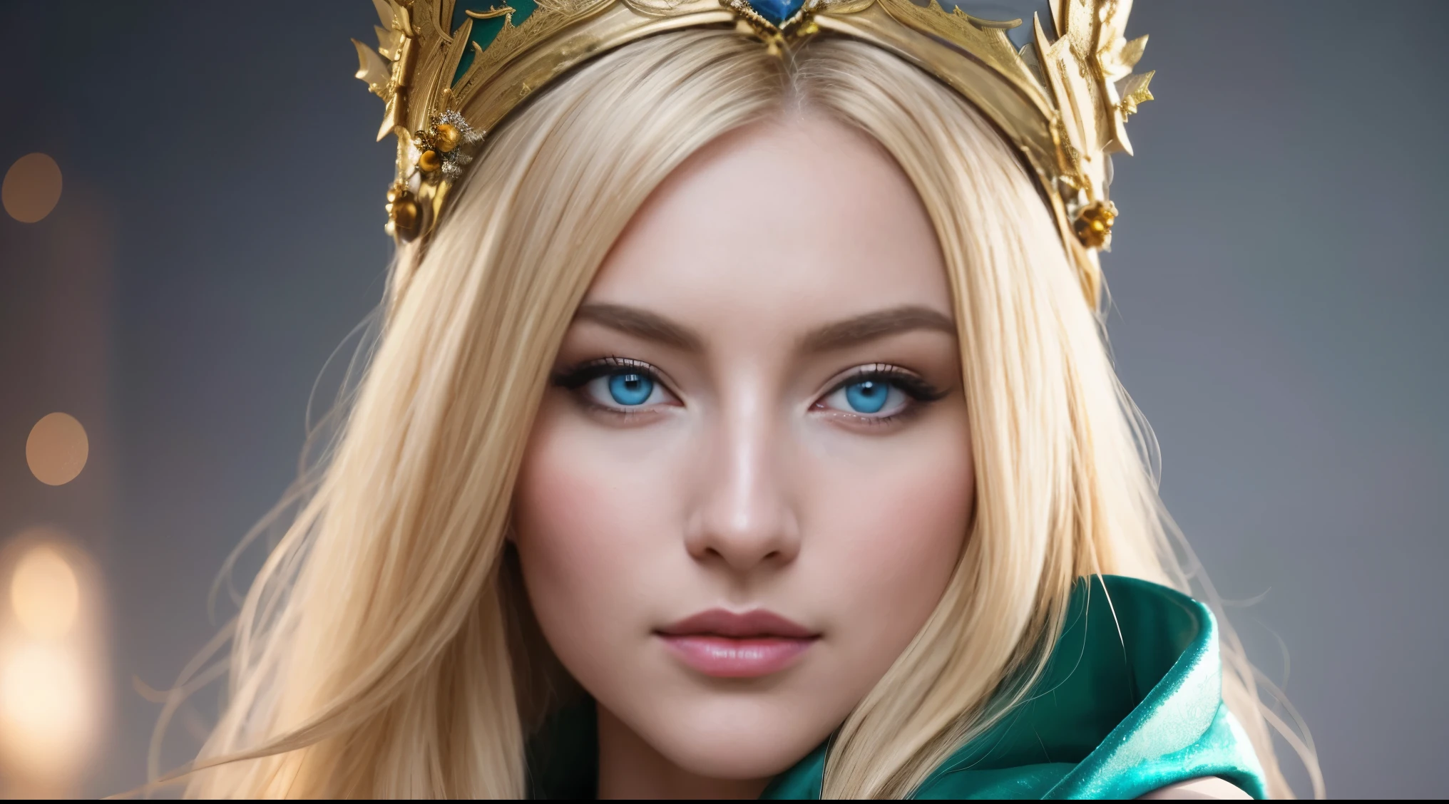 a beautiful empress portrait, blonde hair, perfect blue eyes, with a brilliant, impossible striking big Christmas headpiece, clothes Santa robes, everything Christmas, snow, symmetrical, dramatic studio lighting, rococo, baroque, greens, asian, hyperrealism, closeup, D&D, fantasy, intricate, elegant, highly detailed, digital painting, artstation, octane render, 8k, concept art, matte, sharp focus