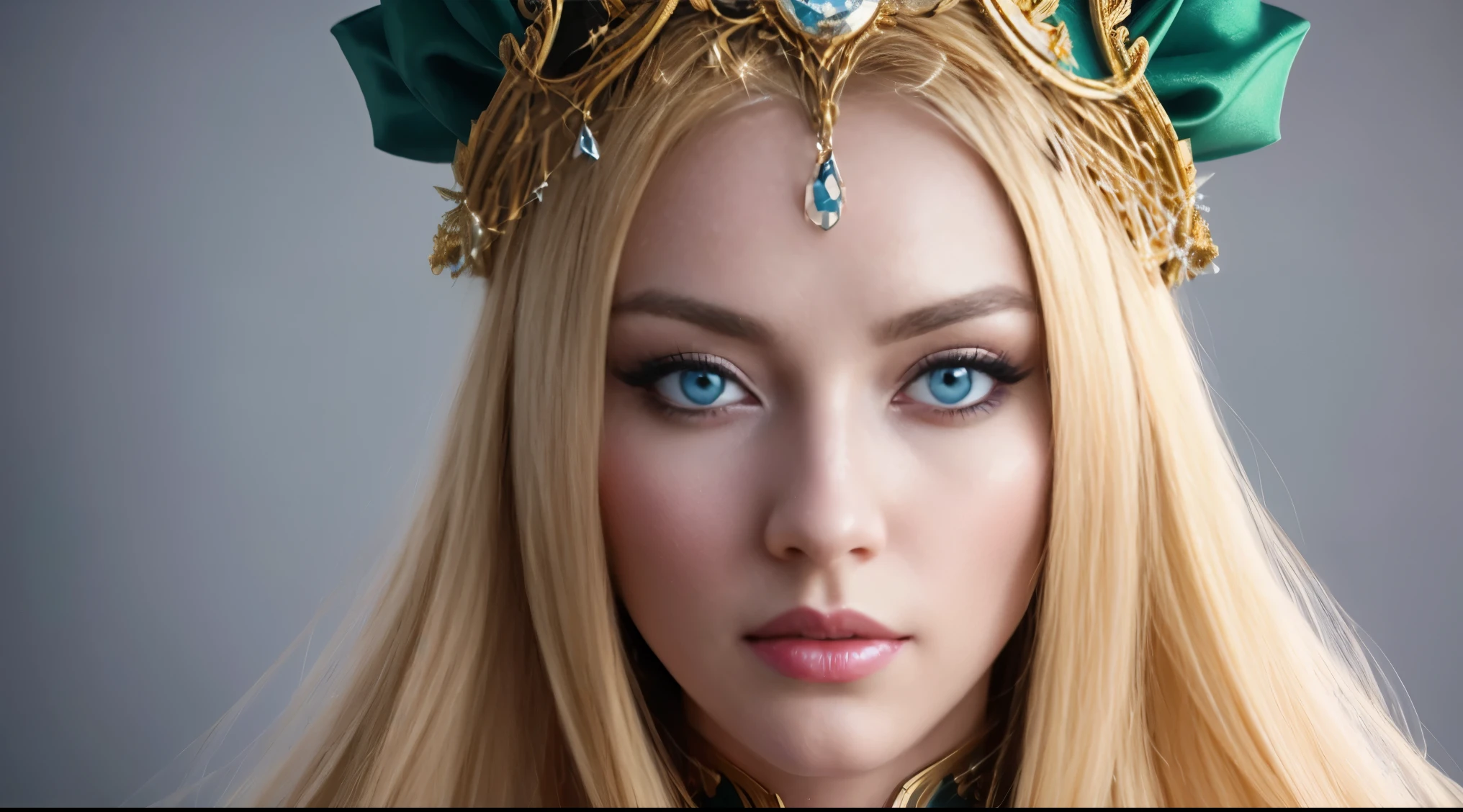 a beautiful empress portrait, blonde hair, perfect blue eyes, with a brilliant, impossible striking big Christmas headpiece, clothes Santa robes, everything Christmas, snow, symmetrical, dramatic studio lighting, rococo, baroque, greens, asian, hyperrealism, closeup, D&D, fantasy, intricate, elegant, highly detailed, digital painting, artstation, octane render, 8k, concept art, matte, sharp focus