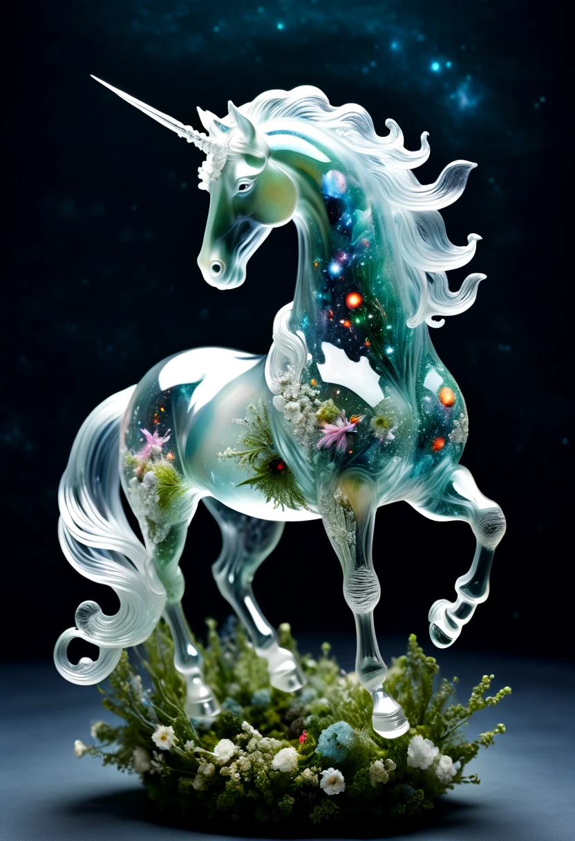 Complex transparent glass interstellar nebula [unicorn] Statue made of galaxies, flora and fauna, Surreal, Super detailed, elegant, beautiful, 1 tail
