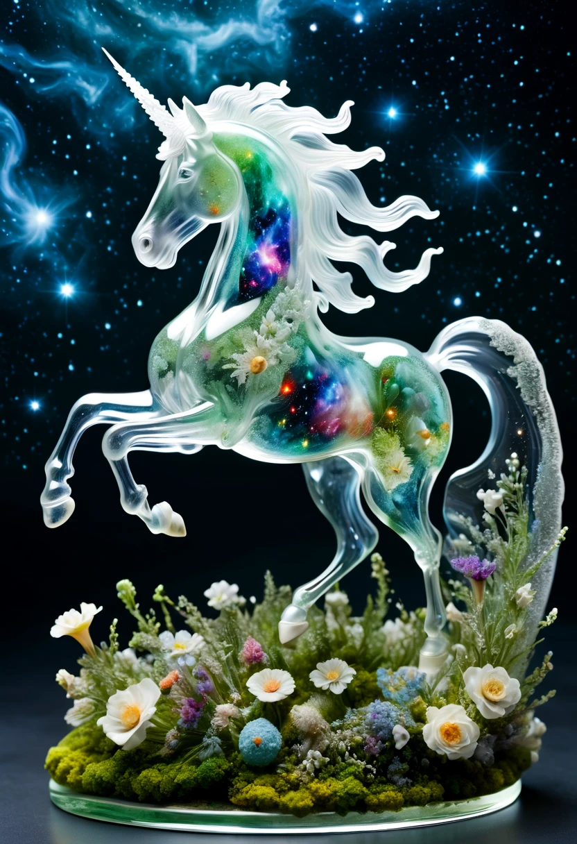 Complex transparent glass interstellar nebula [unicorn] Statue made of galaxies, flora and fauna, Surreal, Super detailed, elegant, beautiful, 1 tail