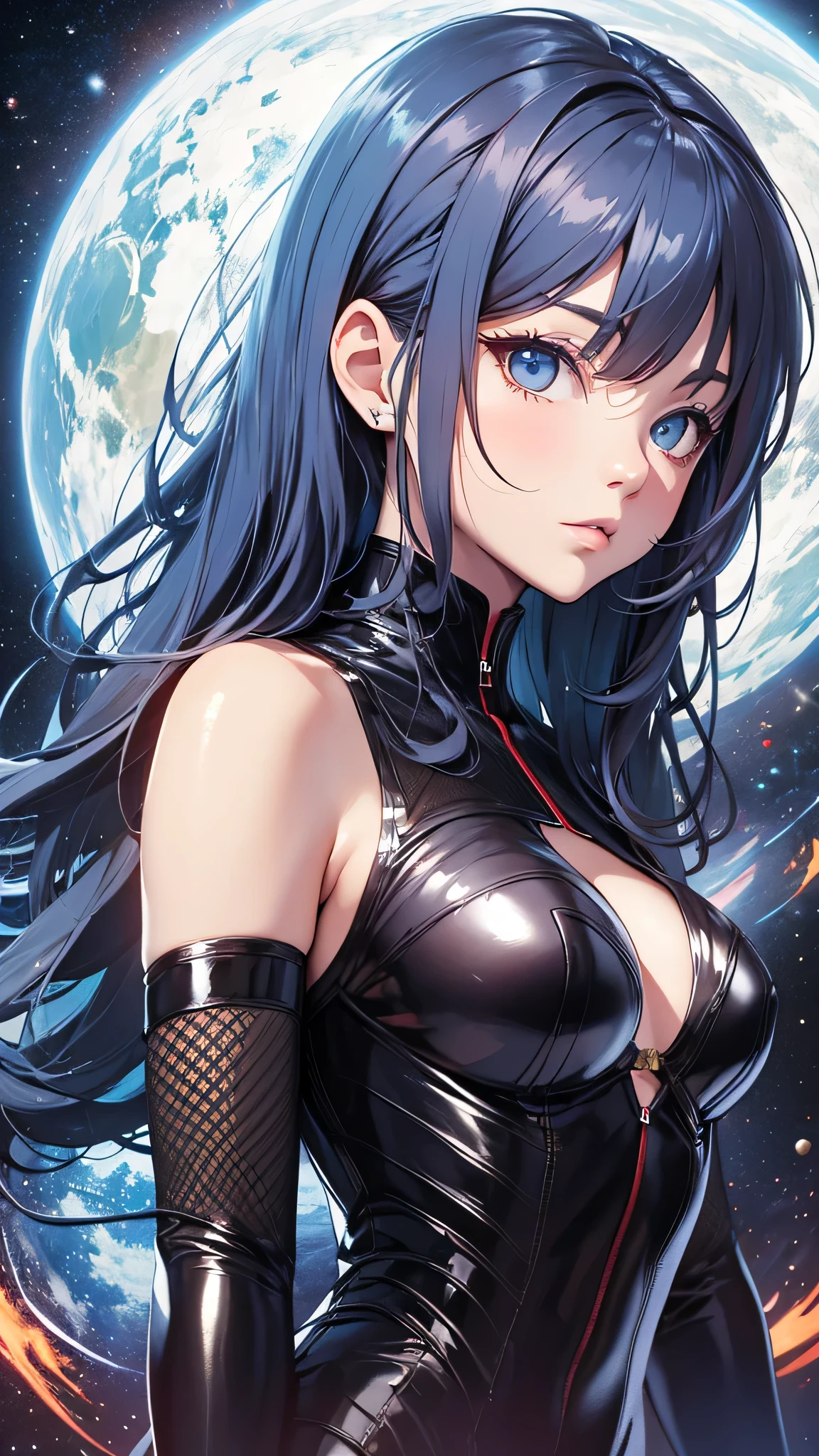 最high quality、best image quality、masterpiece、age girl((18-year-old、 By becoming、vest bust、medium bust,wide open breast tea、black eye, light blue hair、Red mesh、long hair、thin,highest valley、white vintage suit(2:3)、Glowing red wings,leaning forward)),high quality、beautiful art、background((outer space))debris flies、Depth of written boundary、movie、visual art、perfect art、8K,genuine