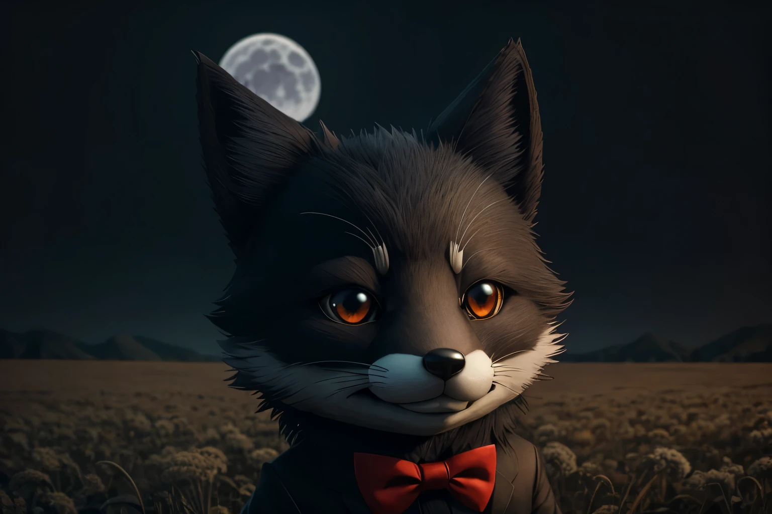 cgi anthropomorphic plushie black fox in the bow tie, moonlight in fields, evil