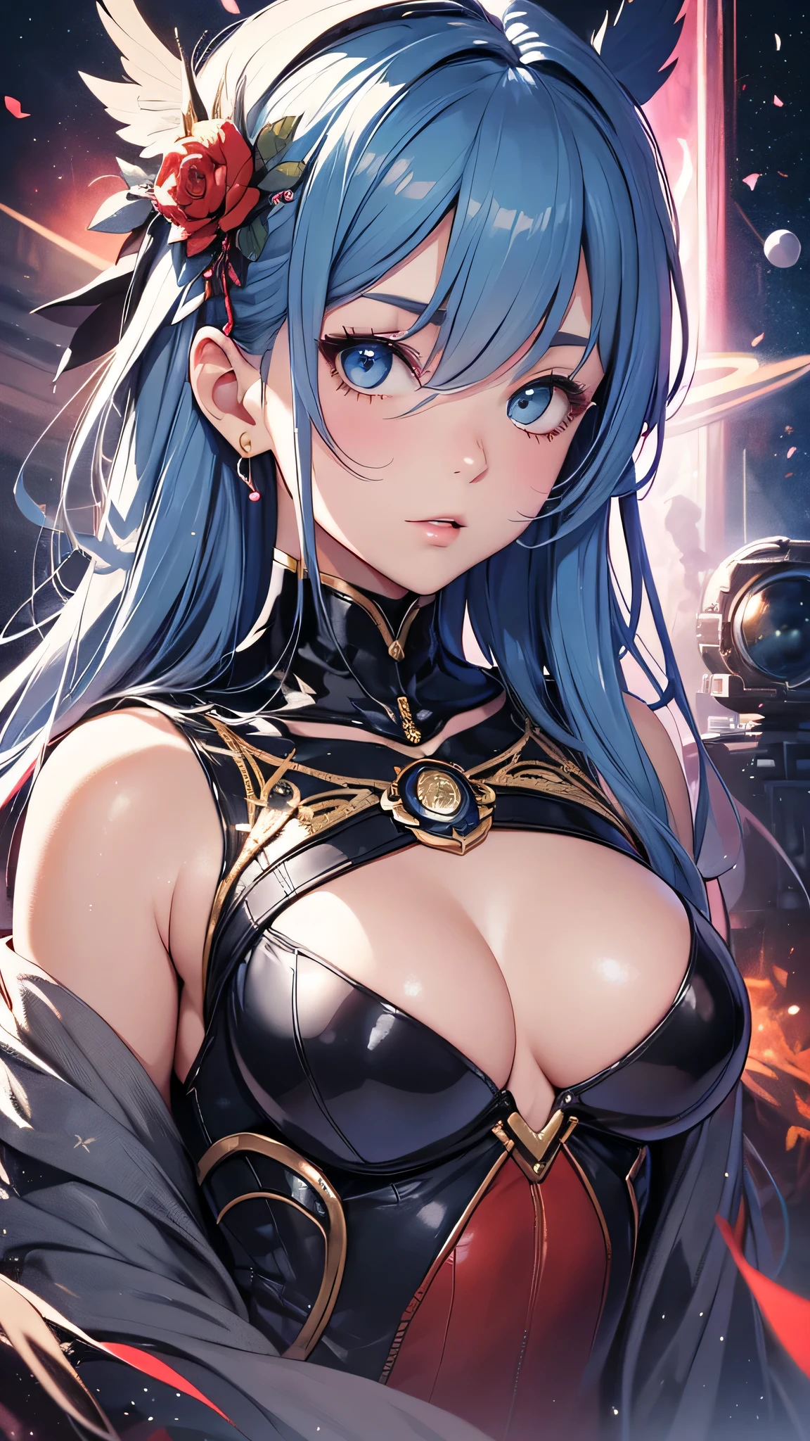 最high quality、best image quality、masterpiece、age girl((18-year-old、 By becoming、vest bust、medium bust,wide open breast tea、black eye, light blue hair、Red mesh、long hair、thin,highest valley、white vintage suit(2:3)、Glowing red wings,leaning forward)),high quality、beautiful art、background((outer space))debris flies、Depth of written boundary、movie、visual art、perfect art、8K,genuine