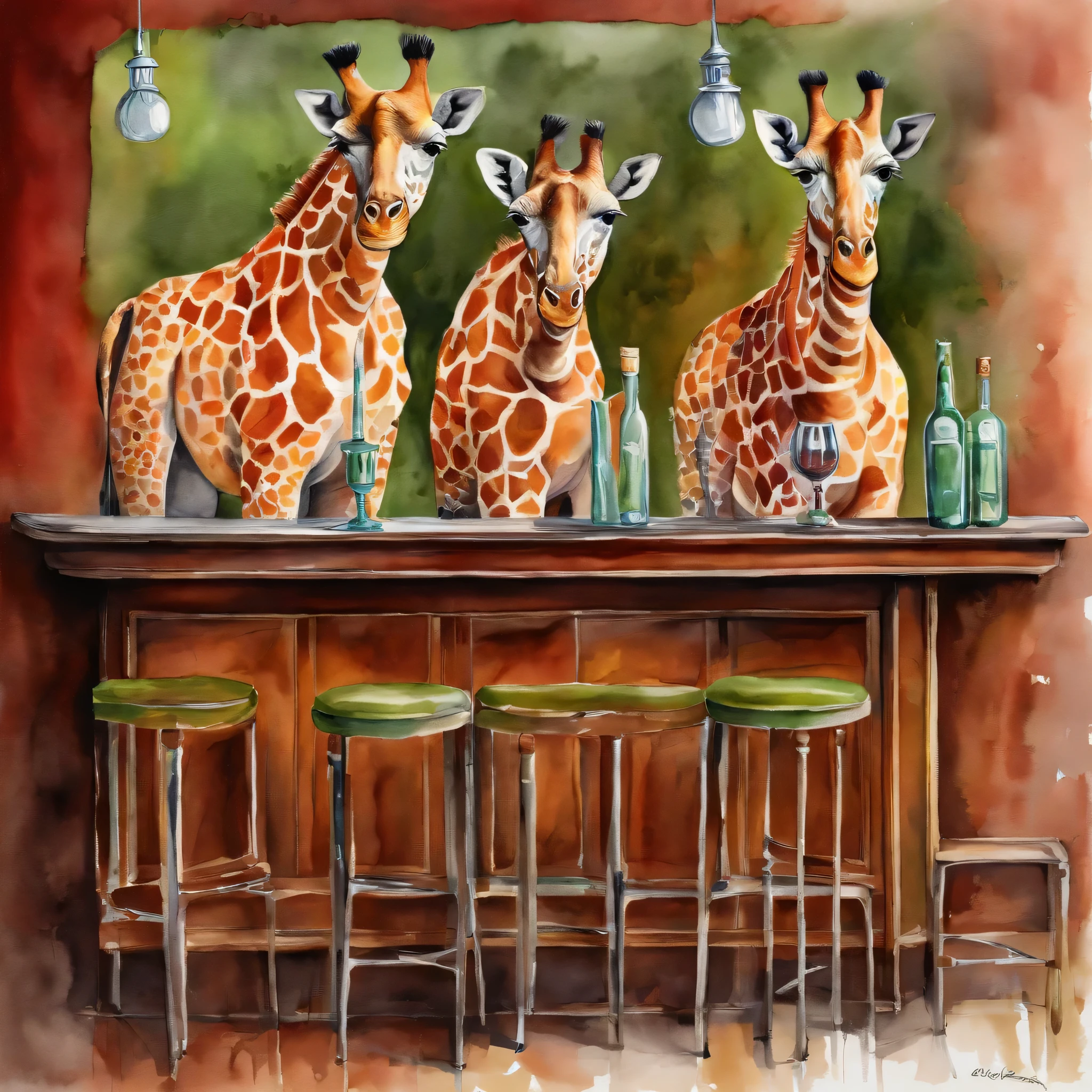Two girafs sitting at a bar. Red wooden barwith a light green wooden display with glasses、ultra-detailliert
