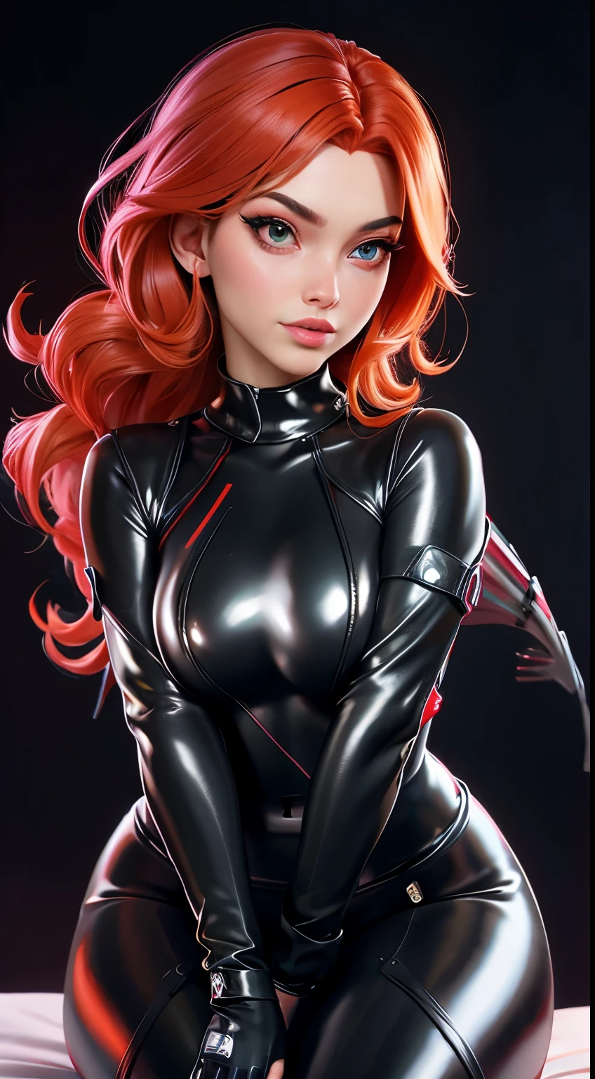 Ultra Macro Photography, fantasy girl, ((Black Widow)), huge breasts, kissing lips, latex outfit, shiny/glossy latex, erotic bodysuit outfit, hyper holographic black latex, long hair, long bangs, NSFW, hentai, perfect makeup, realistic face, detailed eyes, light green eyes, orange hair, eyelashes, :o, bedroom, sitting on bed, leaning forward, eyes at viewer, face shot view