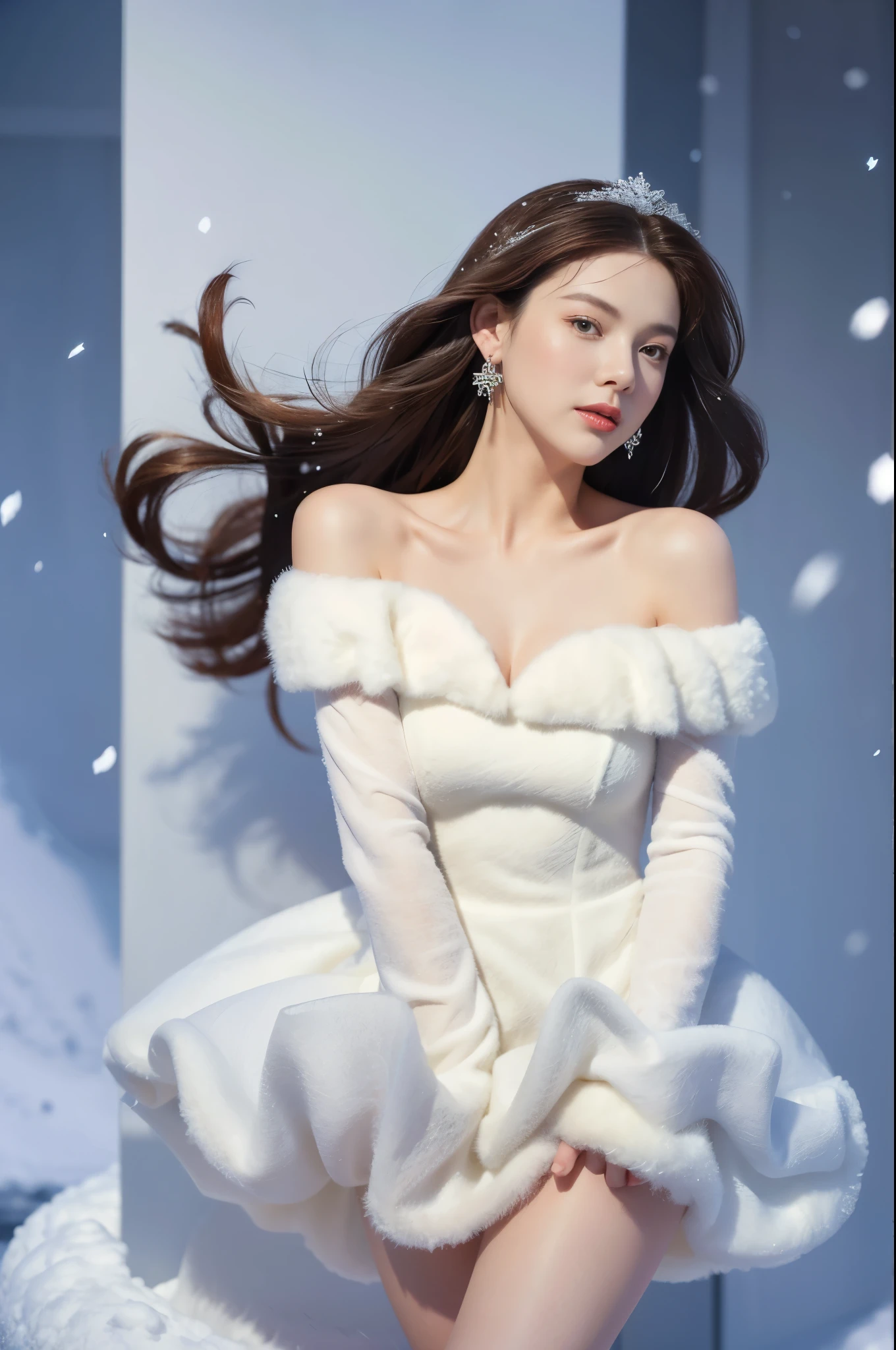 masterpiece、quality、Super detailed、Marilyn Tagg ， Focus on the thighs and above，clear face，（Best quality at best）， beautiful girl：1.5、(Red fluffy off-shoulder dress style)，long hair fluttering，Snowflake earrings、snowflakes falling、Vague、snow world