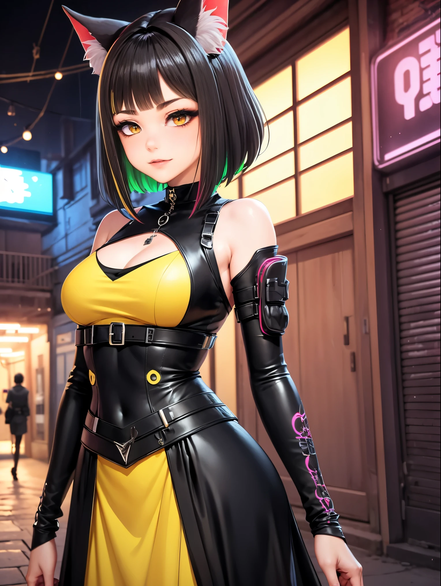  com cabelo curto, fringe, ((cabelo marrom escuro)), (((highlights in green))), (((yellow eye))), pupila de gato, orelha de raposa, roupa preta, estilo 3d, anime cyberpunk, punk neon escuro, cor estilo cyberpunk, vtuber, perfect hand, perfect face, perfect body, (((Long dress))), dress cyberpunk, olhos cintilantes, brilho amarelo no olhar, black dress, perfect hand, anatomically correct hand, mulher extremamente linda, 