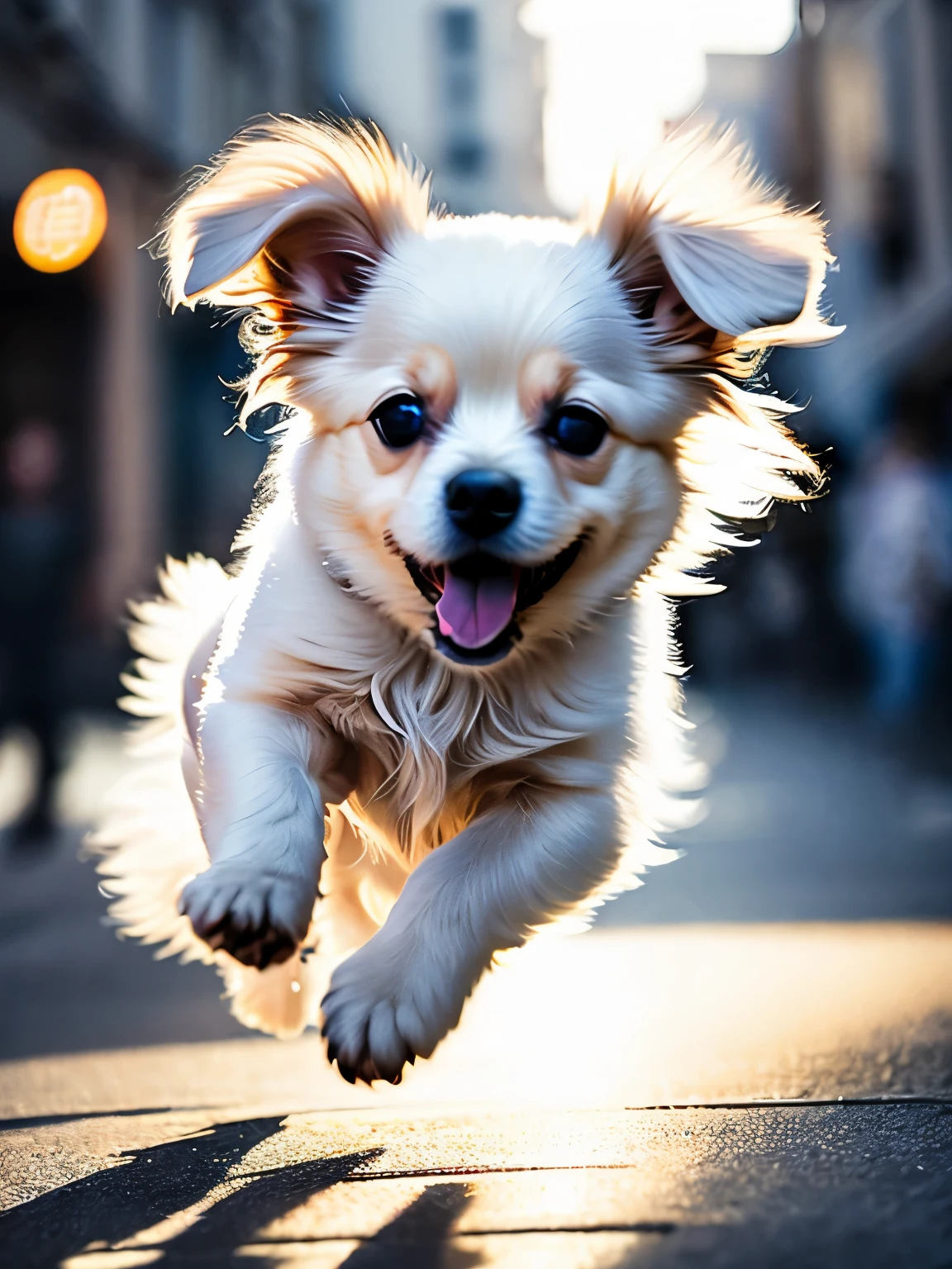 Close-up photo of a very cute jumping puppy on the street, white, soft volume light, (Backlight: 1.3), (movie: 1.2), intricate details, (art station: 1.3), rutkowski