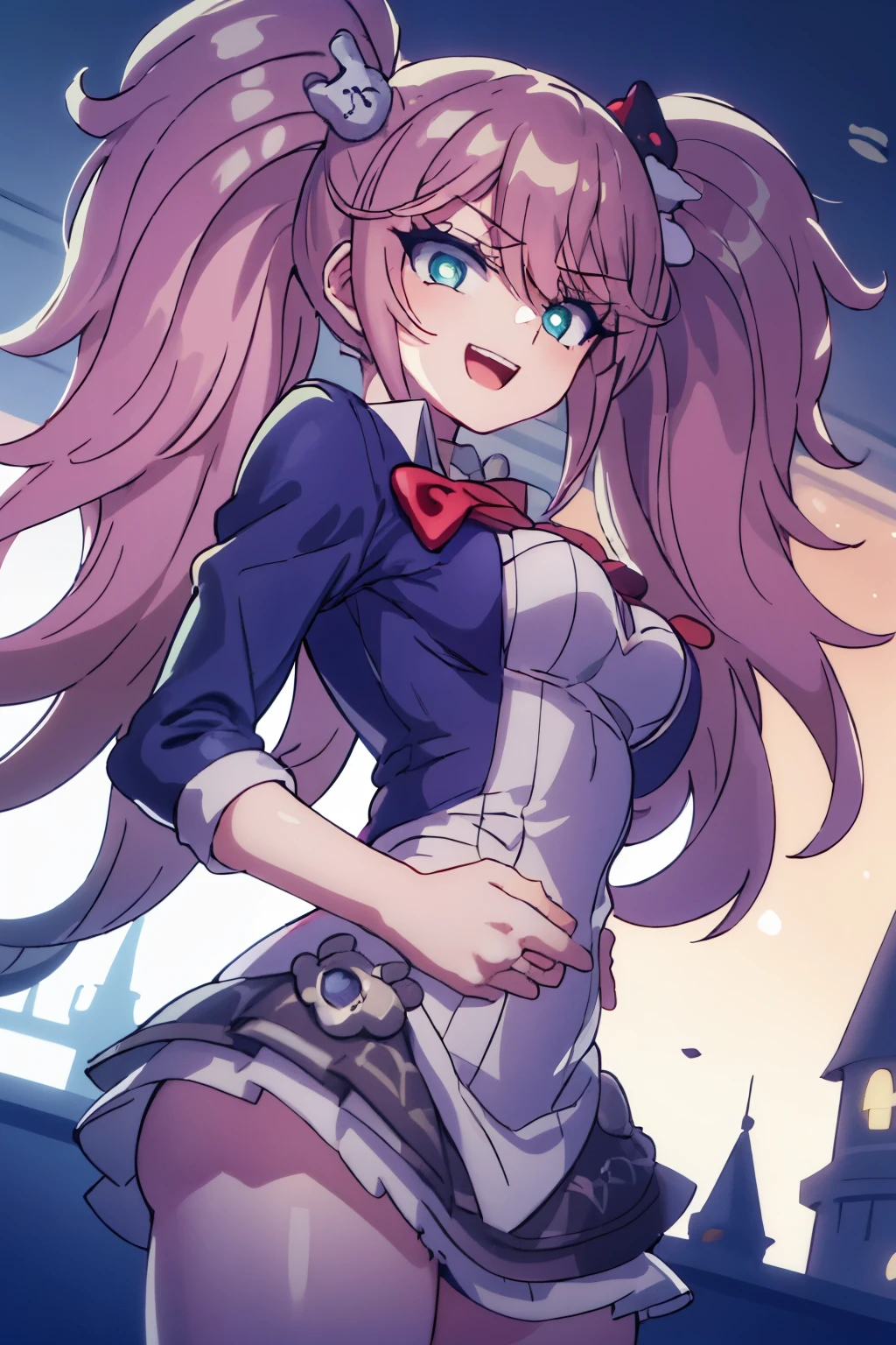insanely detailed, absurdres, ultra-highres, ultra-detailed, best quality,
1girl, solo, nice hands, perfect hands,
BREAK
princess, princess dress with many frills, teara on hair,
happy smile, laugh, open mouth,
sitting, cute pose,
from below, cowboy shot,
BREAK
slender, kawaii, perfect symmetrical face, ultra cute girl, ultra cute face, ultra detailed eyes, ultra detailed hair, ultra cute, ultra beautiful,
BREAK
on roof of castle, (fantasy world, castle, panorama view:1.3), depth of field,
medium large breasts,
BREAK
pink hair, long hair, messy hair, green eyes, hair between eyes