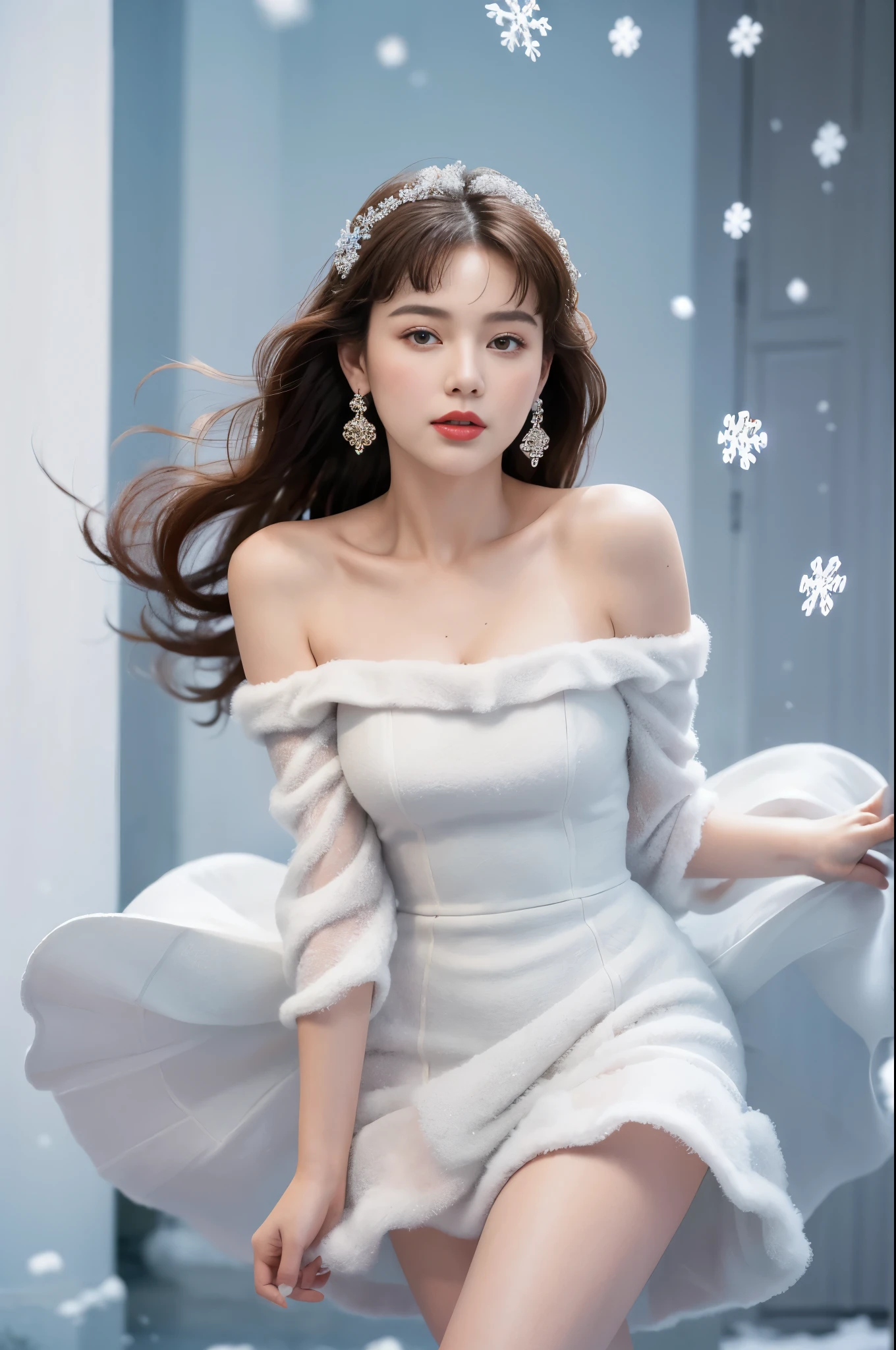 masterpiece、quality、Super detailed、Marilyn Tagg ， Focus on the thighs and above，clear face，（Best quality at best）， beautiful girl：1.5、(Red fluffy off-shoulder dress style)，long hair fluttering，Snowflake earrings、snowflakes falling、Vague、snow world