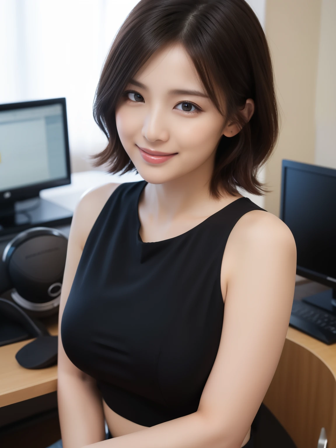 ((Best Quality, 8k, Masterpiece: 1.3), Sharp Focus: 1.2, Perfect Body Beauty: 1.4, ((Middle Breastjob, :1.2)), (No Bra) (Small beautiful and hard High detail face and skin texture, fine eyes, sexy, office worker, wearing a dark blue suit, suit can be taken off, skirt, roll up skirt, sit on a chair and open legs, no panties, pubic hair is visible, sitting on your knees bent and spreading your legs, a slightly short hairstyle,