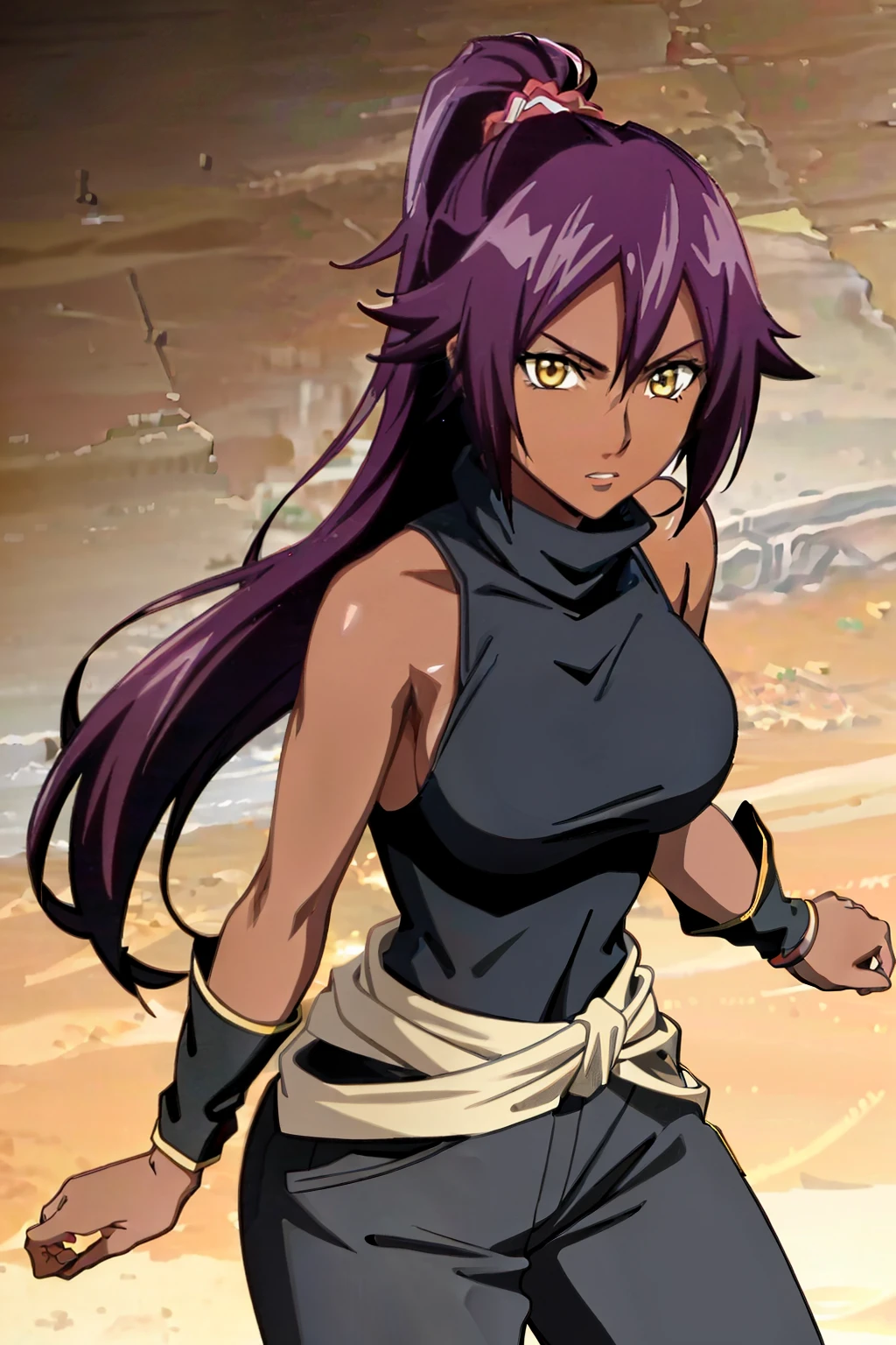 (extremely detailed CG unity 8k wallpaper),(masterpiece),(best quality),(ultra-detailed),(best illustration),(best shadow),(absurdres),(detailed background), Yoruichi Shihouin, 1girl, shihouin yoruichi, solo, dark-skinned female, medium breast, dark skin, purple hair, ponytail, long hair, scarf, full body, standing, yellow eyes, pants, sleeveless, black turtleneck shirt, clenched hands, mature woman