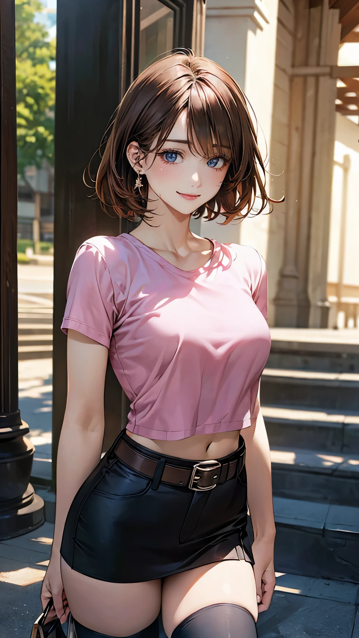 (masterpiece:1.2, top-quality), (realistic, photorealistic:1.4), beautiful illustration, (natural side lighting, movie lighting),
looking at viewer, cowboy shot, 1 girl, japanese, hot girl, perfect face, cute and symmetrical face, shiny skin, babyface,
(short hair, messy hair:1.2, brown hair), hair over one eye, blue eyes, (middle breasts, seductive thighs, big ass), piercings,
beautiful hair, beautiful face, beautiful detailed eyes, beautiful clavicle, beautiful body, beautiful chest, beautiful thigh, beautiful legs, beautiful fingers,
((midriff, asymmetrical legwear, pink shirt, belt, black miniskirt, black thigh-highs)), ,
(beautiful scenery), evening, outdoors, filed, flower, standing, (lovely smile, upper eyes),