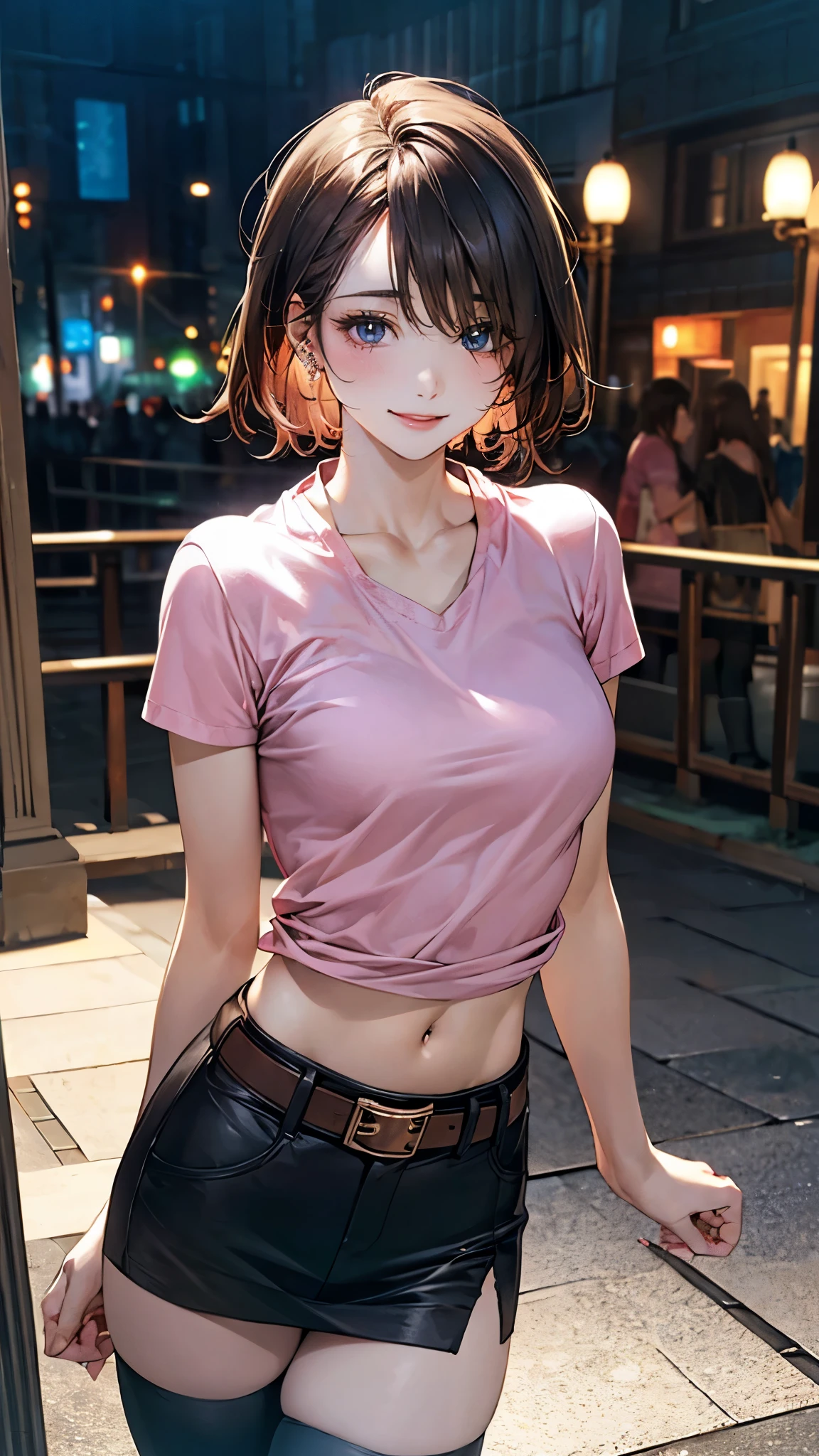 (masterpiece:1.2, top-quality), (realistic, photorealistic:1.4), beautiful illustration, (natural side lighting, movie lighting), 
looking at viewer, cowboy shot, 1 girl, japanese, hot girl, perfect face, cute and symmetrical face, shiny skin, babyface, 
(short hair, messy hair:1.2, brown hair), hair over one eye, blue eyes, (middle breasts, seductive thighs, big ass), piercings, 
beautiful hair, beautiful face, beautiful detailed eyes, beautiful clavicle, beautiful body, beautiful chest, beautiful thigh, beautiful legs, beautiful fingers, 
((midriff, asymmetrical legwear, pink shirt, belt, black miniskirt, black thigh-highs)), , 
(beautiful scenery), evening, outdoors, filed, flower, standing, (lovely smile, upper eyes),