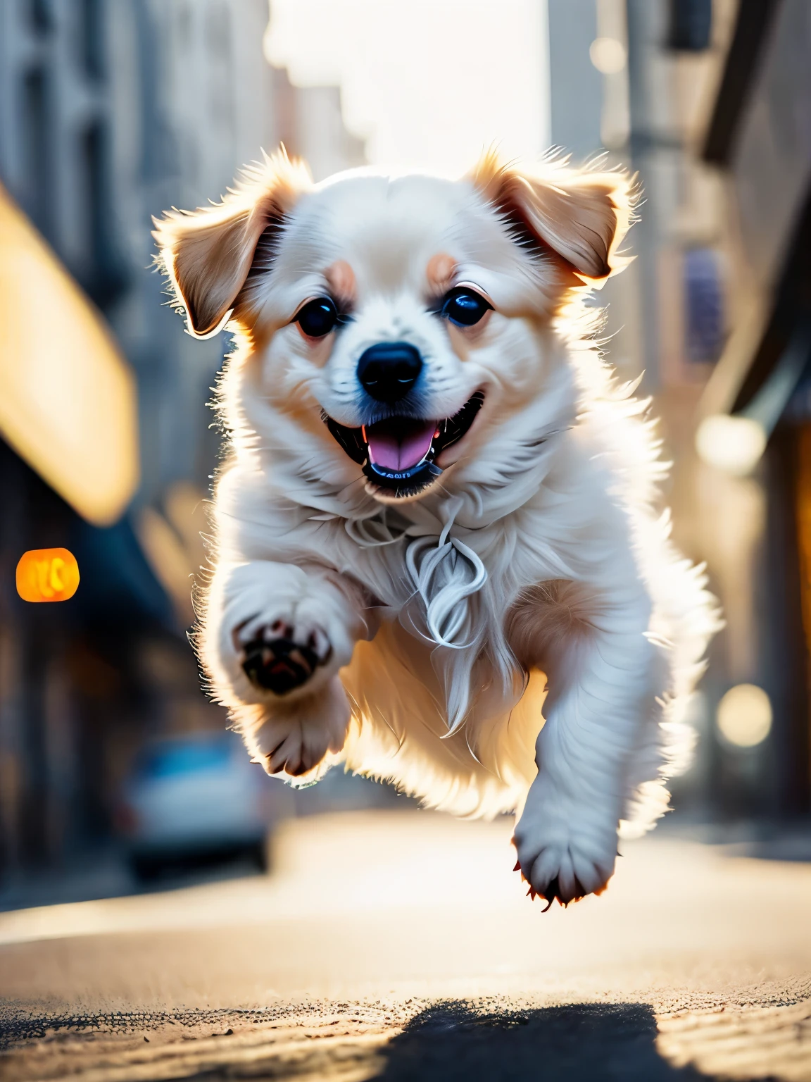 Close-up photo of a very cute jumping puppy on the street, white, soft volume light, (Backlight: 1.3), (movie: 1.2), intricate details, (art station: 1.3), rutkowski